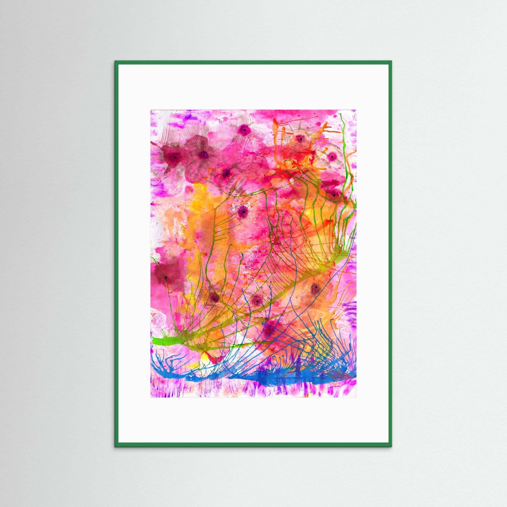 Framed Flower Garden of Light artwork with vibrant pink, orange, and green floral abstract on textured matte paper
