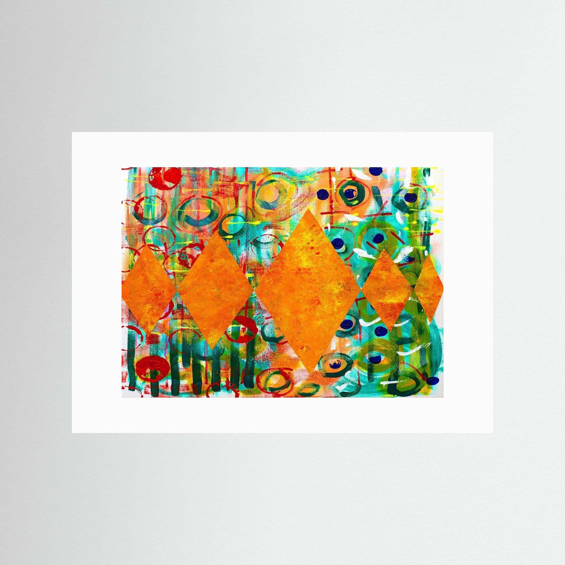 Diamond Radiance vibrant artwork with golden yellow diamonds and colorful circles on textured matte paper