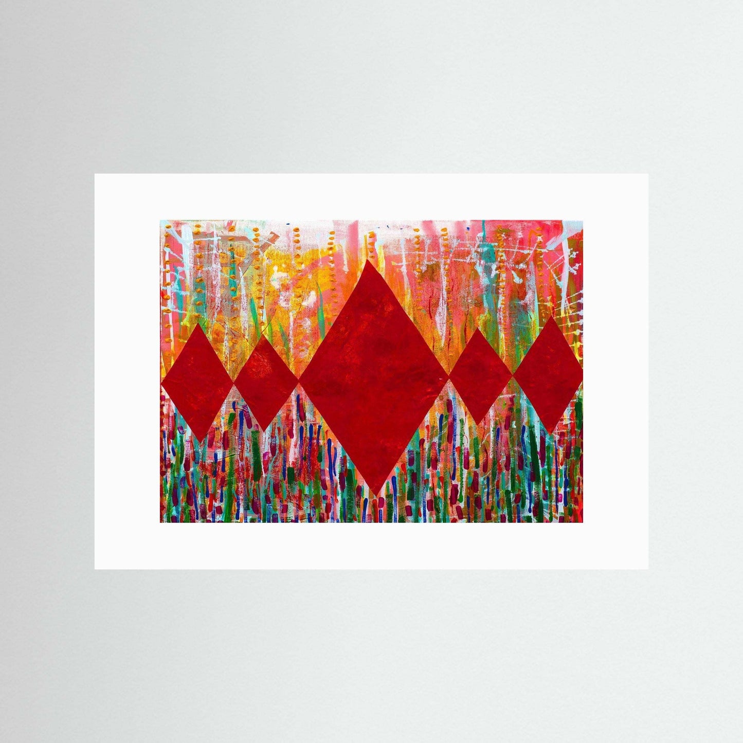 Diamond Radiance Red artwork featuring bold red diamonds and vibrant floral background on textured matte paper with handmade Italian wooden frame.