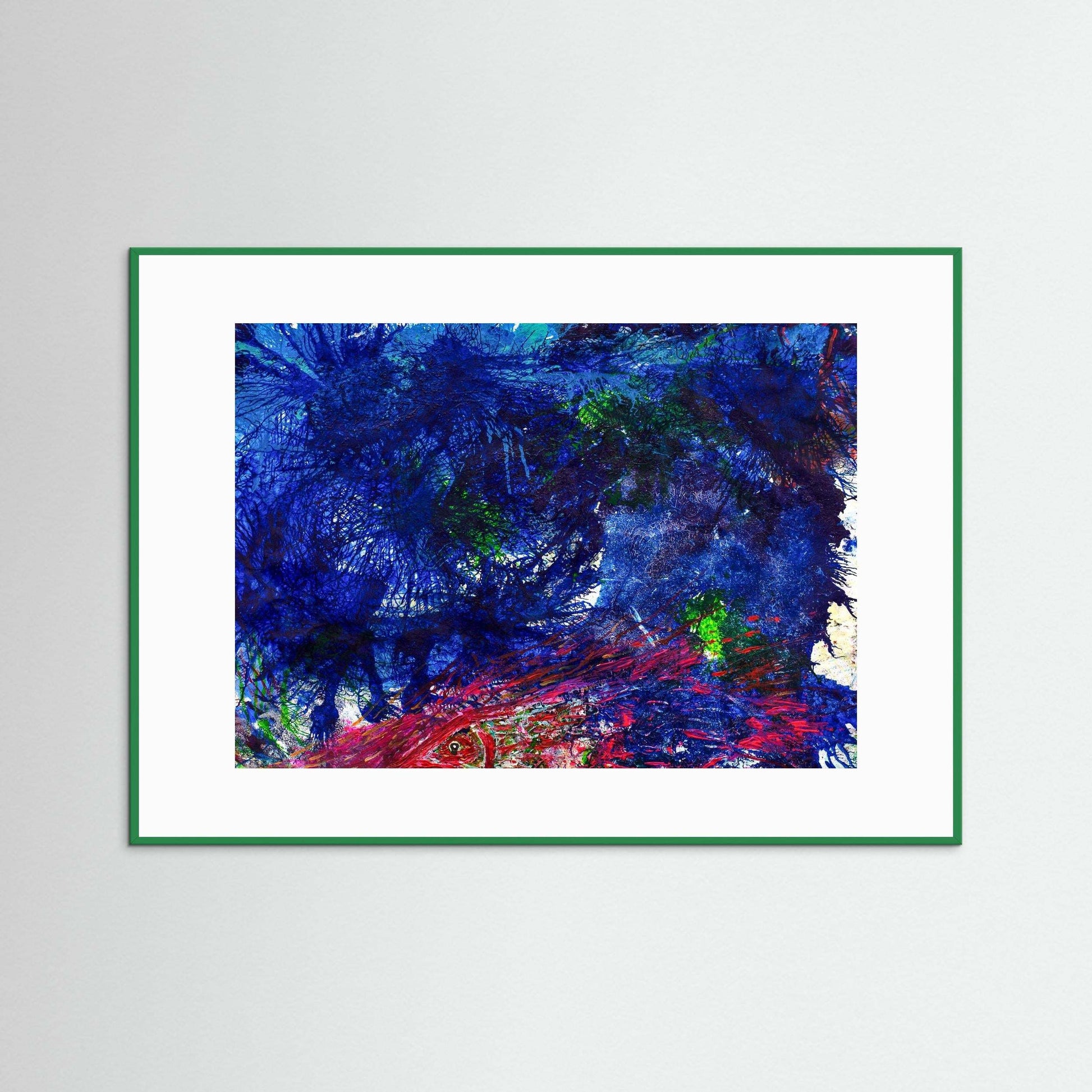 Abstract artwork featuring a rush of crimson energy against deep ocean blue tones framed in handmade wooden Italian frame
