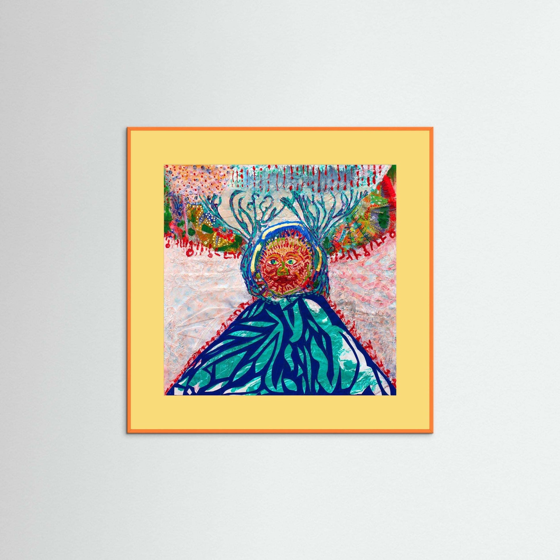 Cave Child: The Winter Hunt mixed media artwork with embroidery and acrylics on museum-quality paper in wooden frame