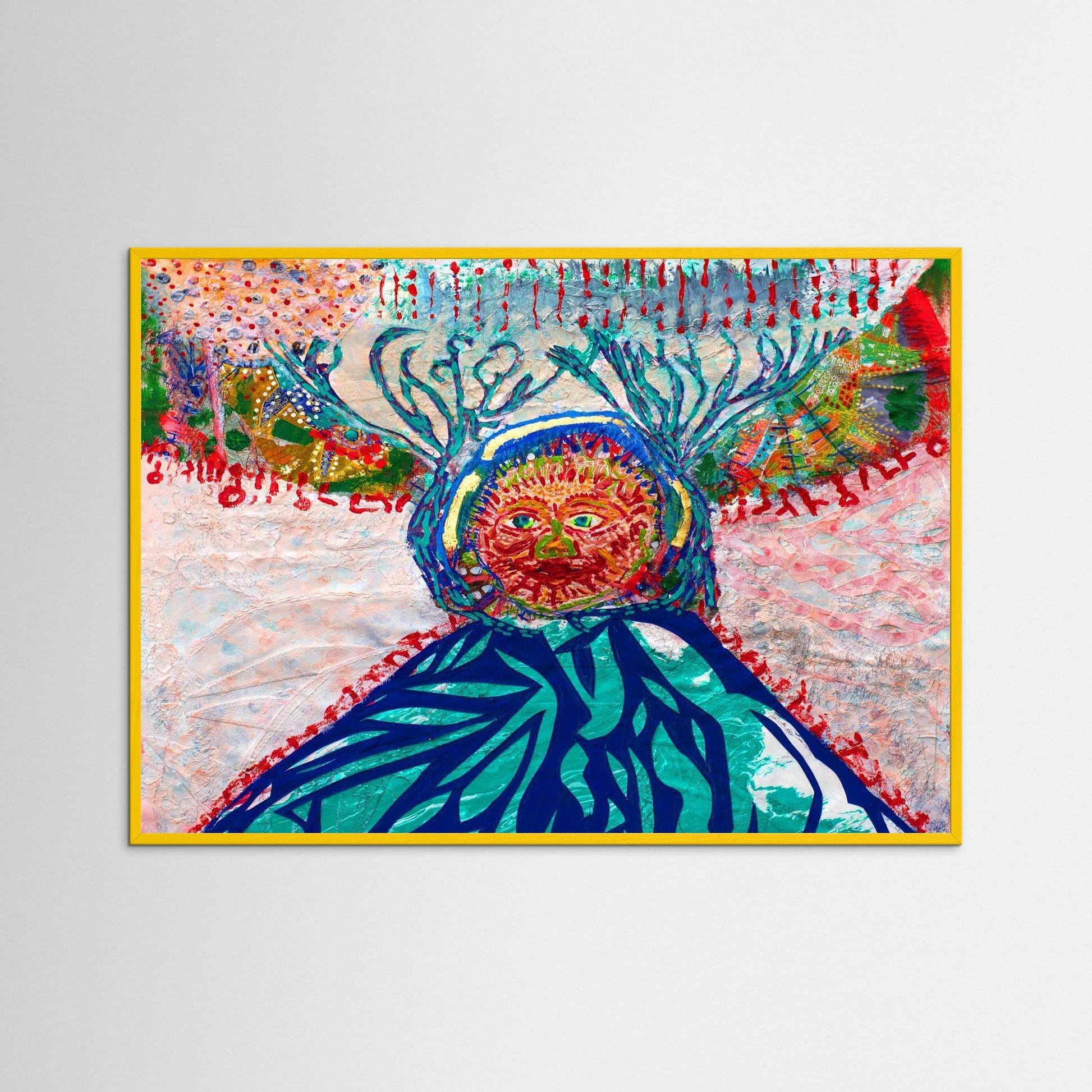 Cave Child winter hunt mixed media artwork with embroidery and Japanese paper in Italian wooden frame