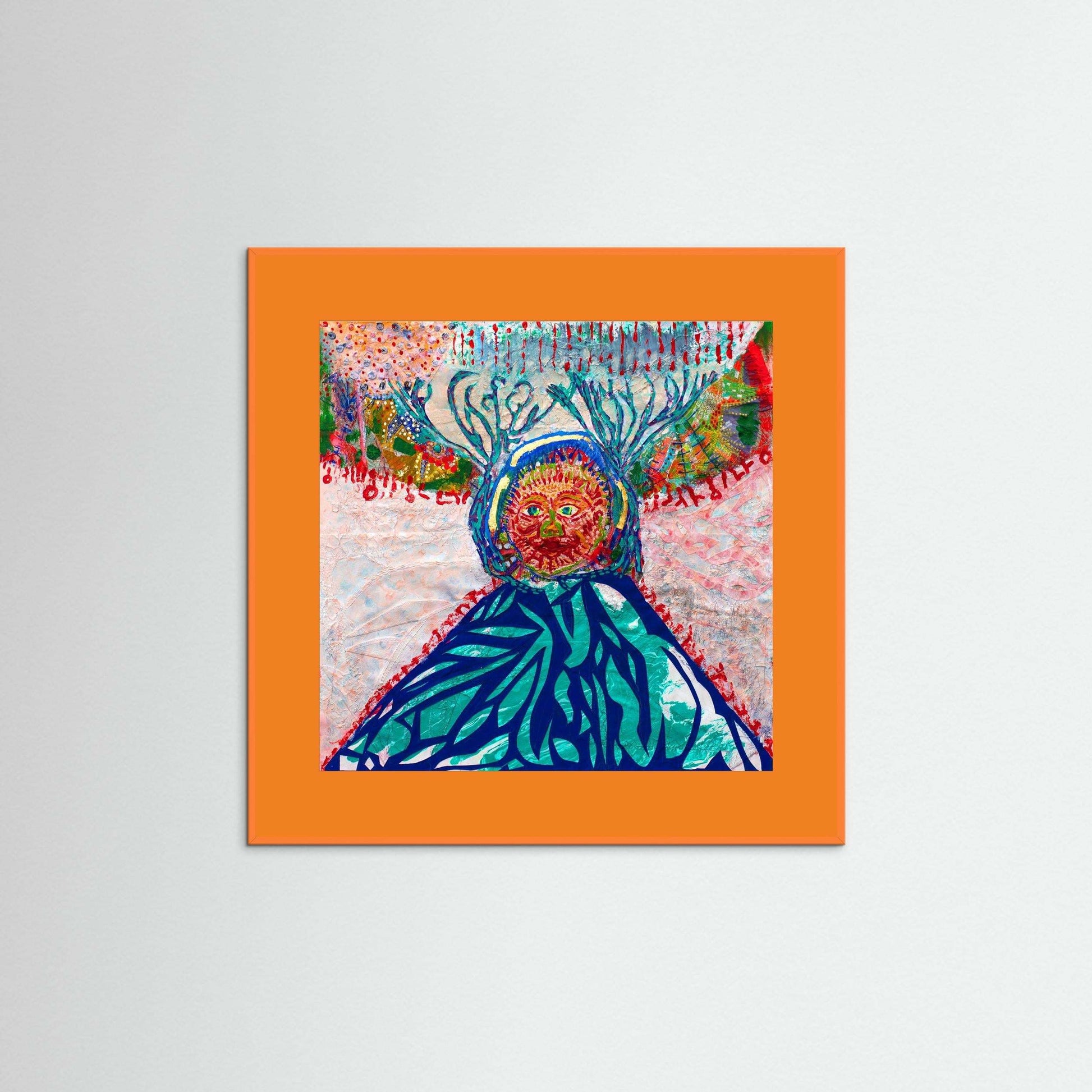 Cave Child: The Winter Hunt mixed media artwork with embroidery and handmade paper framed in orange wooden frame