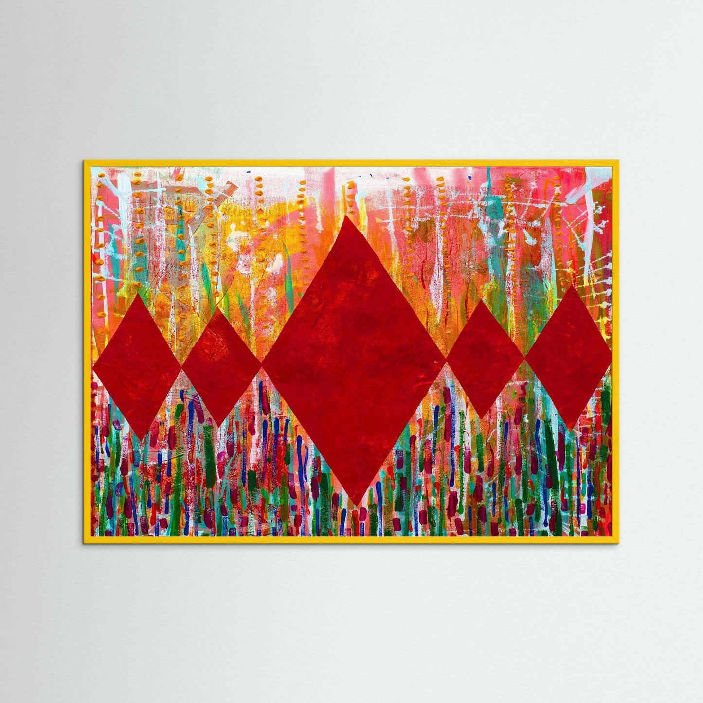 Diamond Radiance Red vibrant abstract artwork with red diamonds and colorful floral background in Italian wooden frame