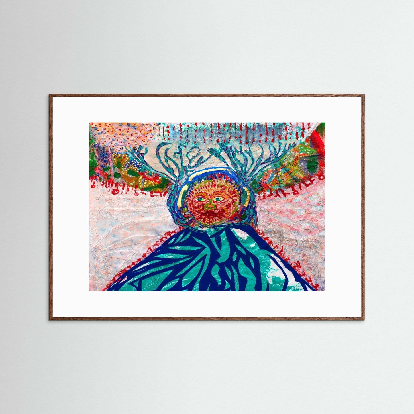 Cave Child mythic winter spirit mixed media artwork with embroidery and Japanese paper framed in Italian wood