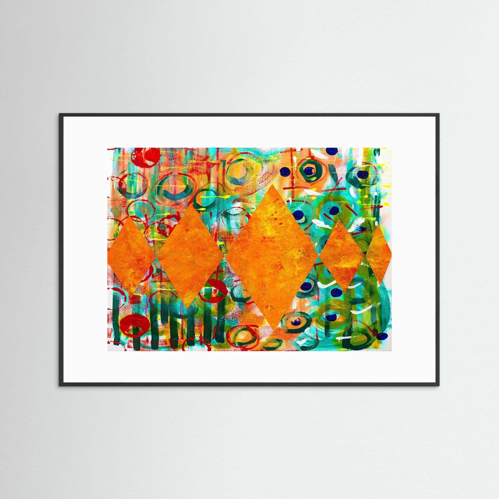 Diamond Radiance vibrant abstract artwork with orange diamonds and colorful circles on textured matte paper in handmade black frame