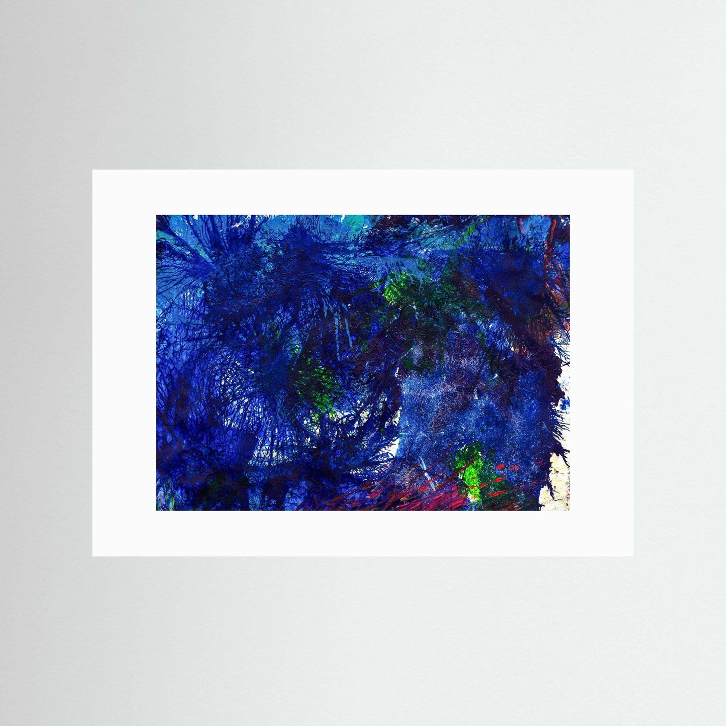 Whisper In The Deep abstract art with electric blue and red threads on textured matte museum-quality paper in real wood frame