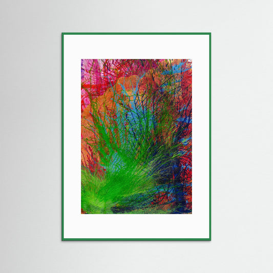 Earth Singing Joy vibrant abstract art print with green wooden Italian frame and textured matte surface