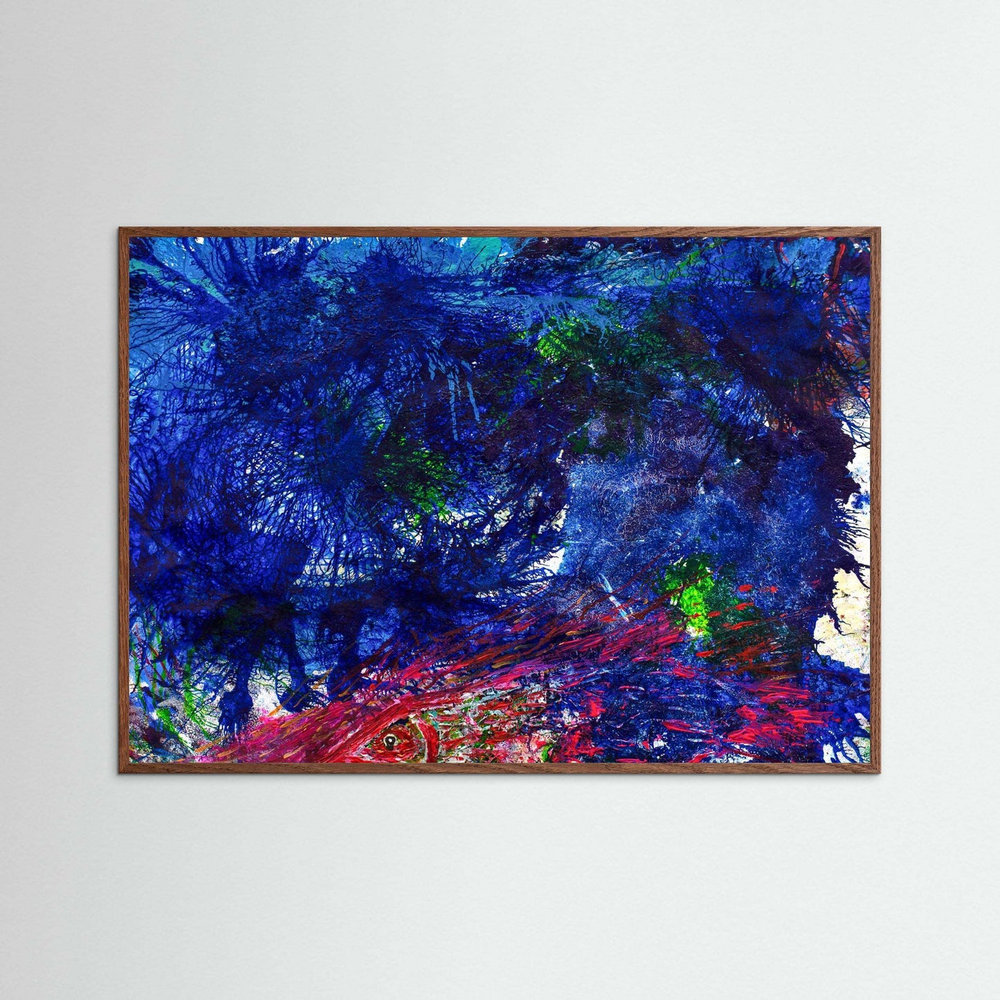 Abstract ocean artwork with crimson energy streaks on deep blue background in wooden frame