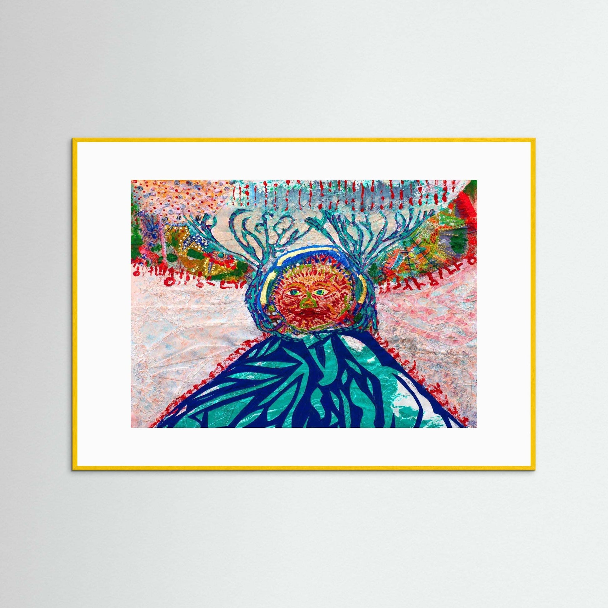 Cave Child artwork depicting winter spirit with mixed media and embroidery, framed in Italian handmade wood