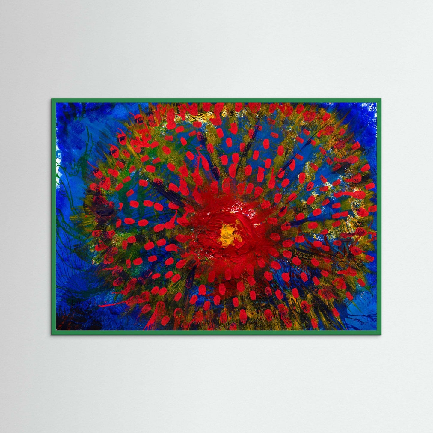 Sunburst Flower abstract art print with vibrant red and blue floral burst, textured matte finish, and wooden frame