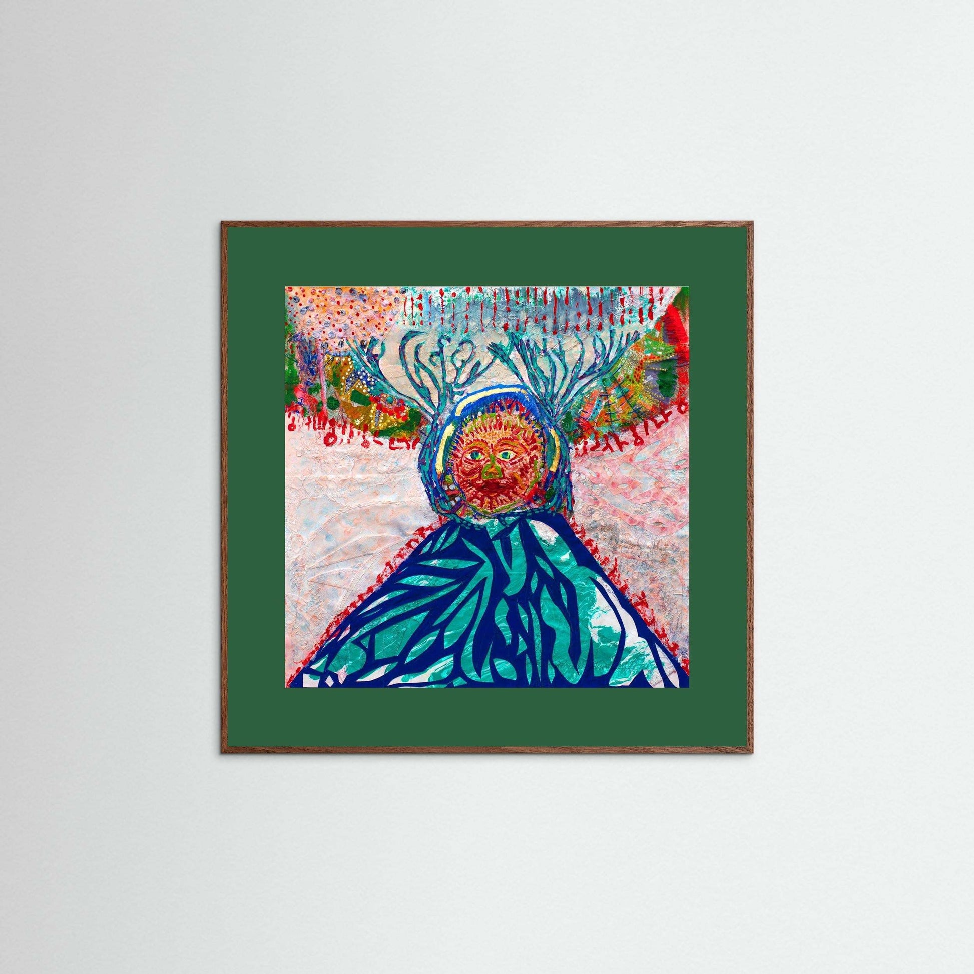 Cave Child: The Winter Hunt mixed media art with embroidery and Japanese paper in wooden frame