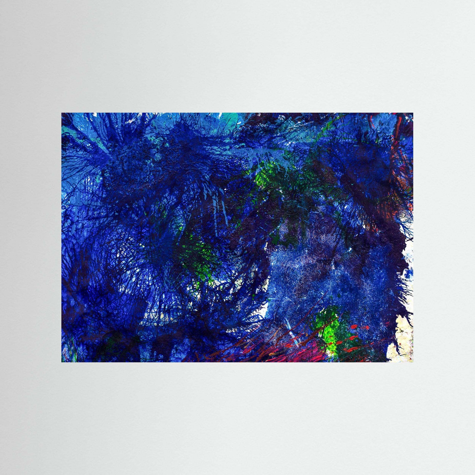 Whisper In The Deep abstract art print with electric blue and red accents on textured matte paper, framed in Italian handmade wood.