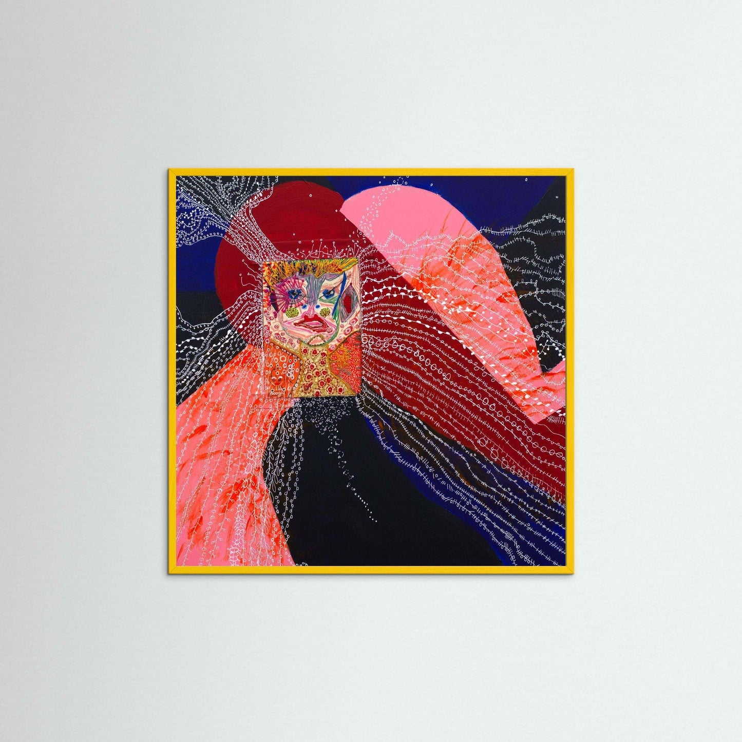 Patterns of Her Life colorful abstract embroidery and painting framed artwork by Brendan with textured matte finish