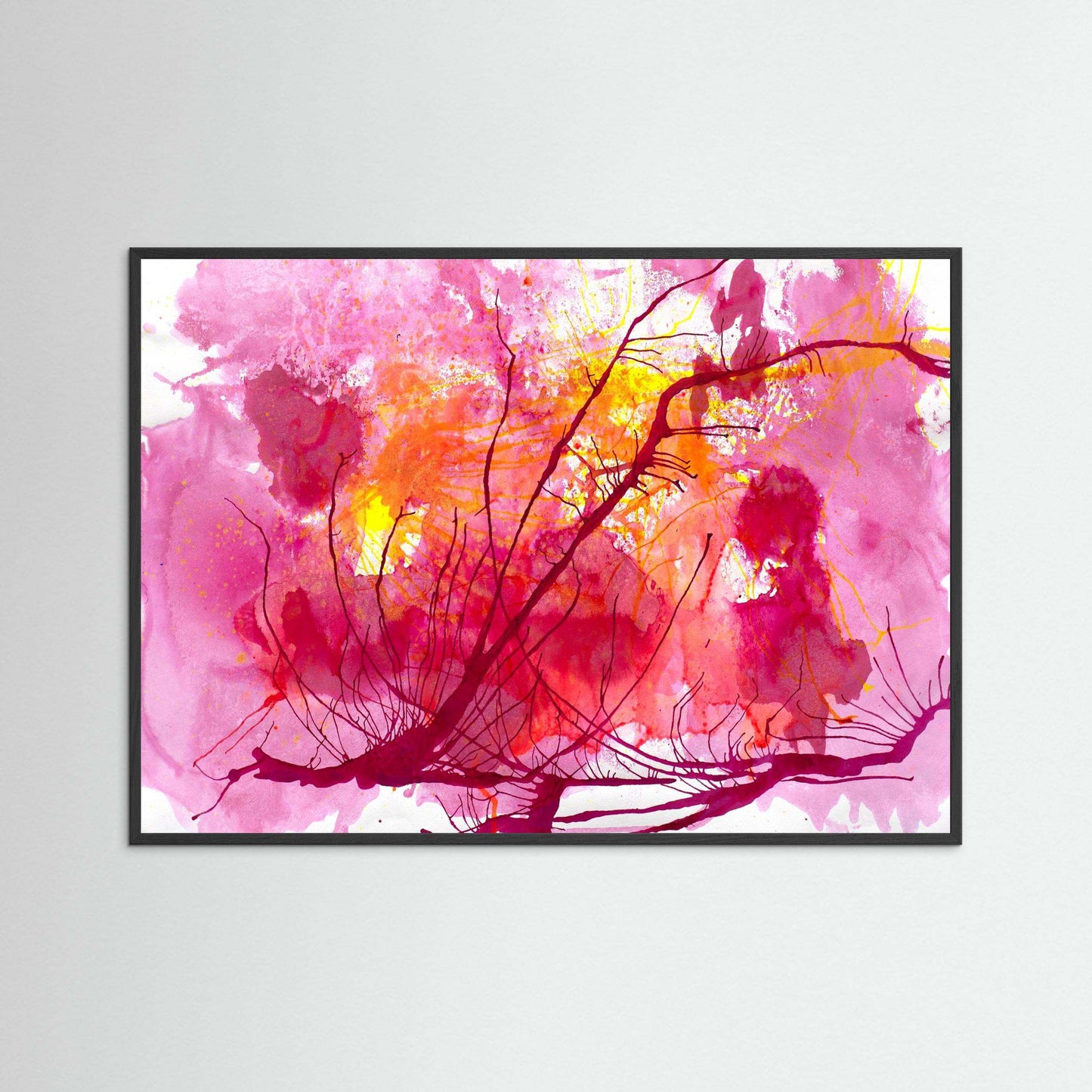 Wildflower Sky vivid pink and gold floral abstract art print in Italian wooden frame