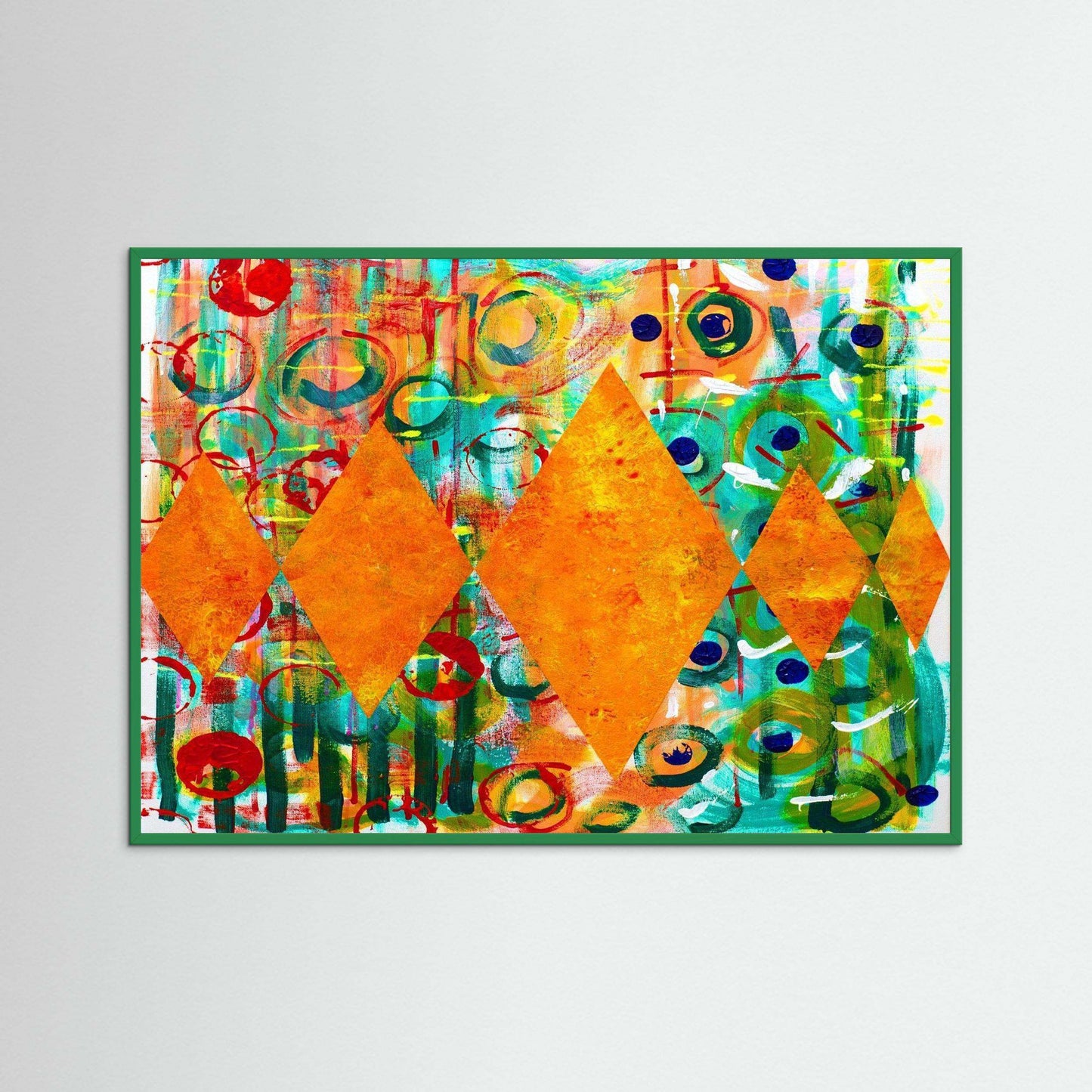 Diamond Radiance artwork featuring vibrant golden yellow diamonds with colorful circular patterns on textured matte paper in a green frame