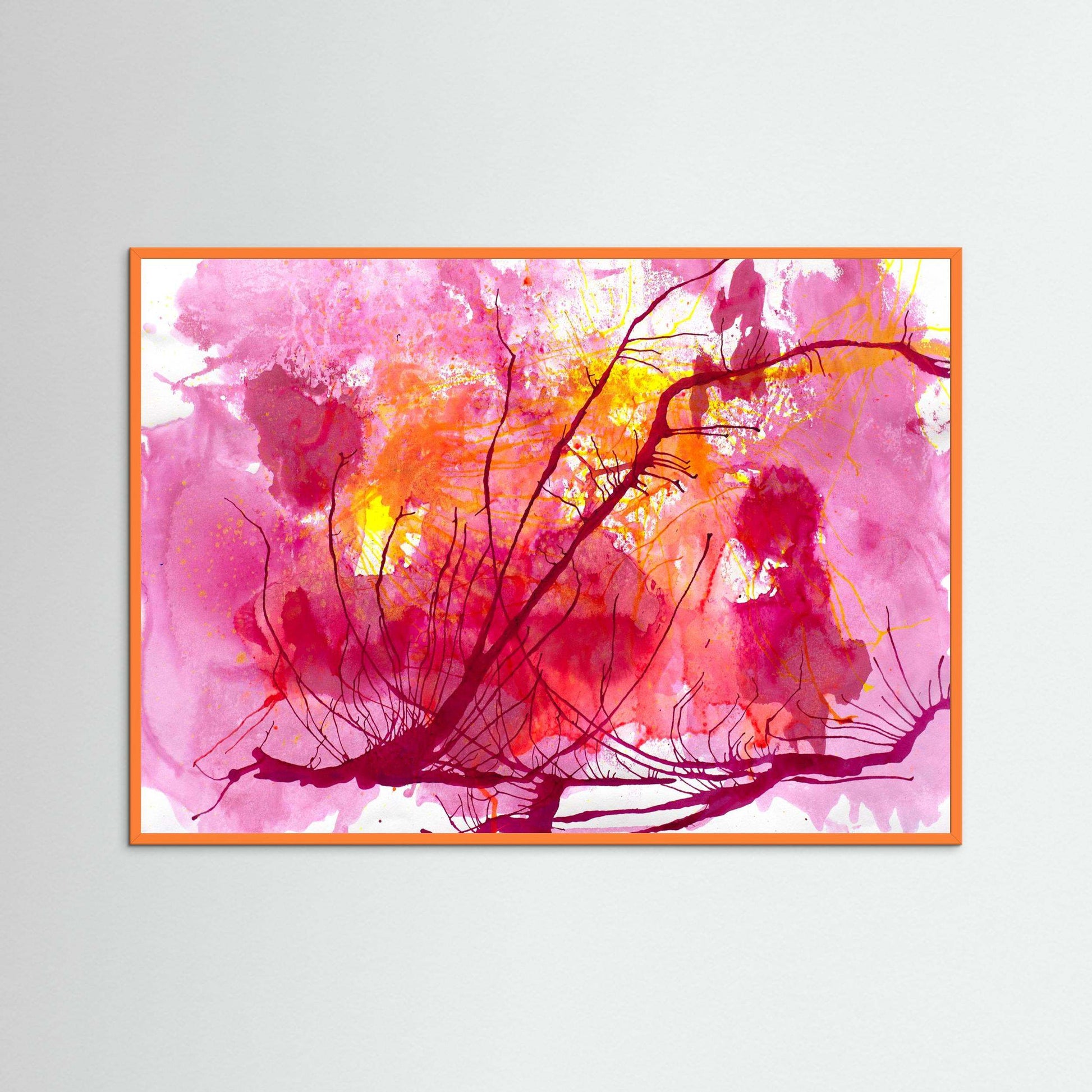 Wildflower Sky vibrant pink and gold floral abstract painting framed in real wood