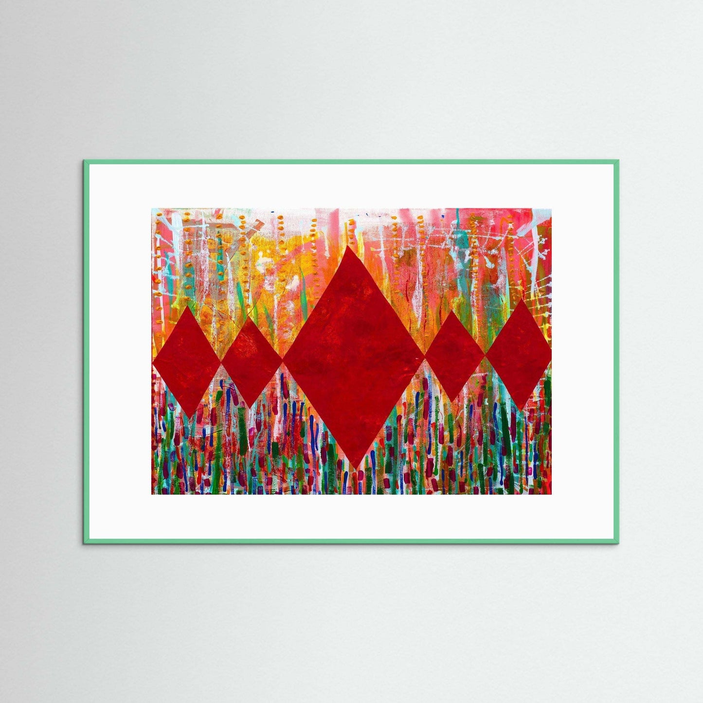 Diamond Radiance Red artwork with bold red diamonds and vibrant floral collage in handmade Italian frame
