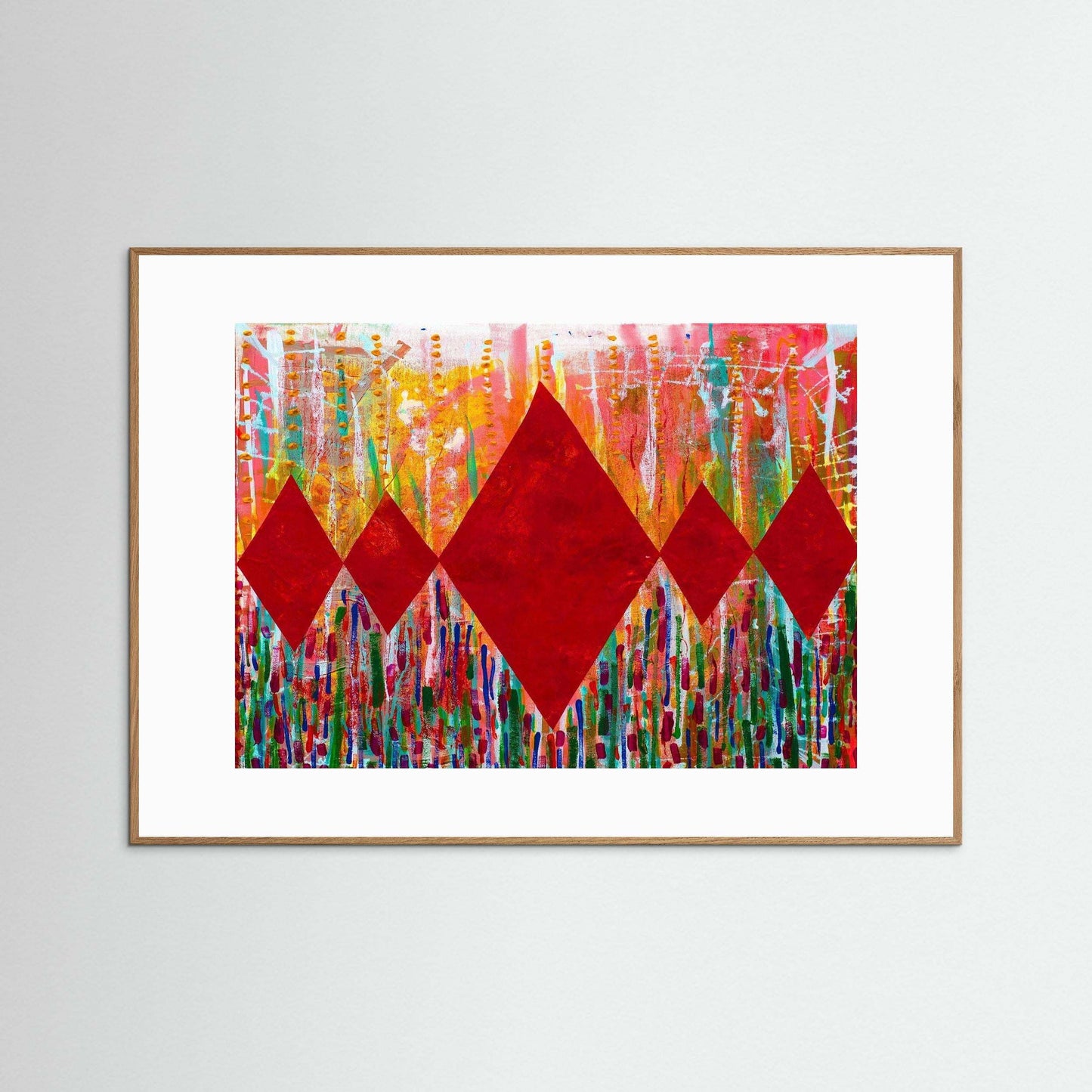 Diamond Radiance Red artwork with bold red diamonds and vibrant floral collage framed in Italian wood