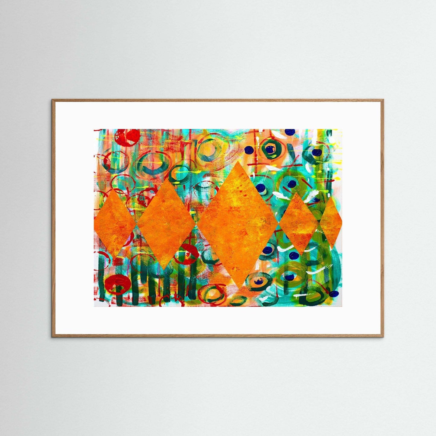 Diamond Radiance artwork with bold orange diamonds and colorful circle patterns in a handmade Italian wooden frame