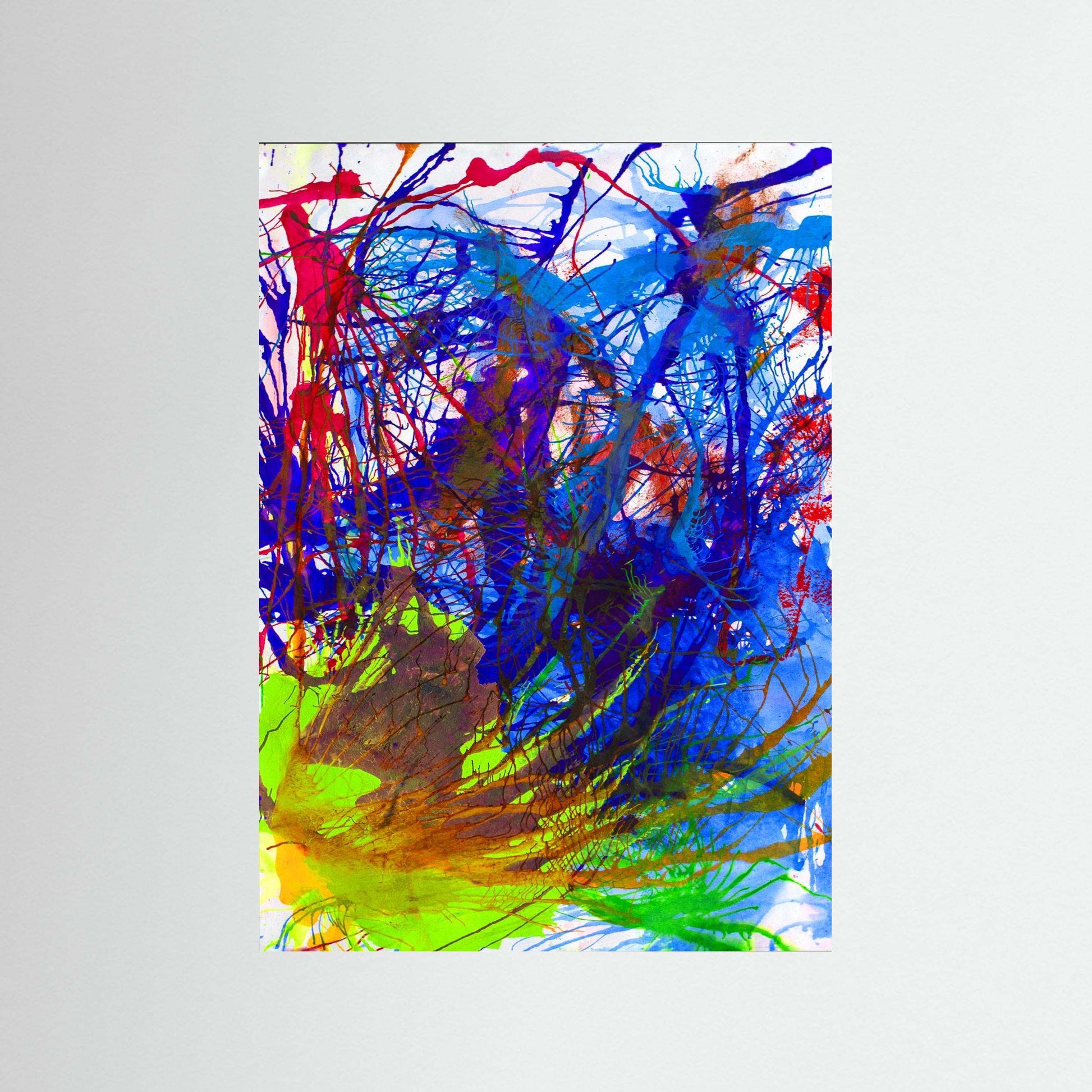Abstract nature-inspired artwork titled Down by The River with vibrant blues, greens, and reds on textured matte paper