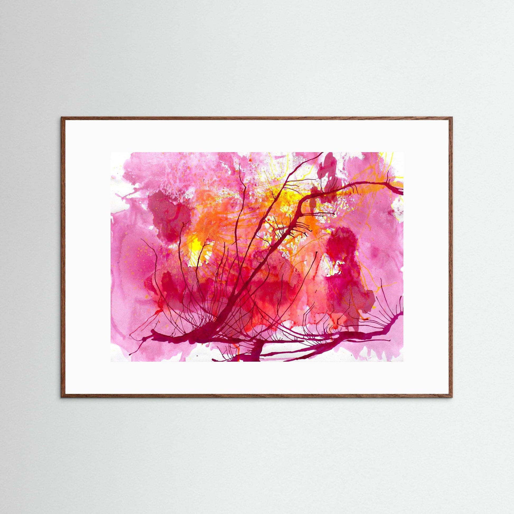 Wildflower Sky vibrant floral artwork in vivid pinks, reds, and golds framed in handmade Italian wood.