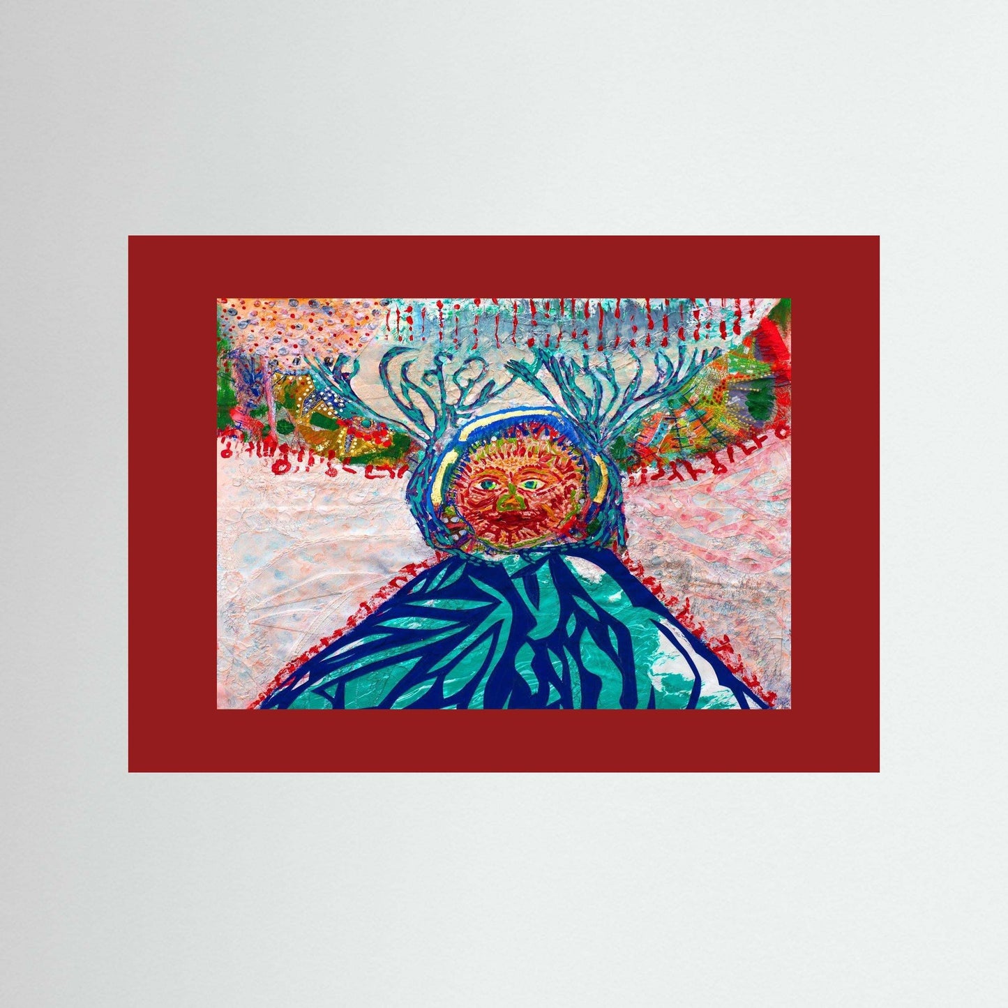 Cave Child The Winter Hunt mixed media artwork with embroidery and handmade Japanese paper on museum quality paper framed in Italian wood