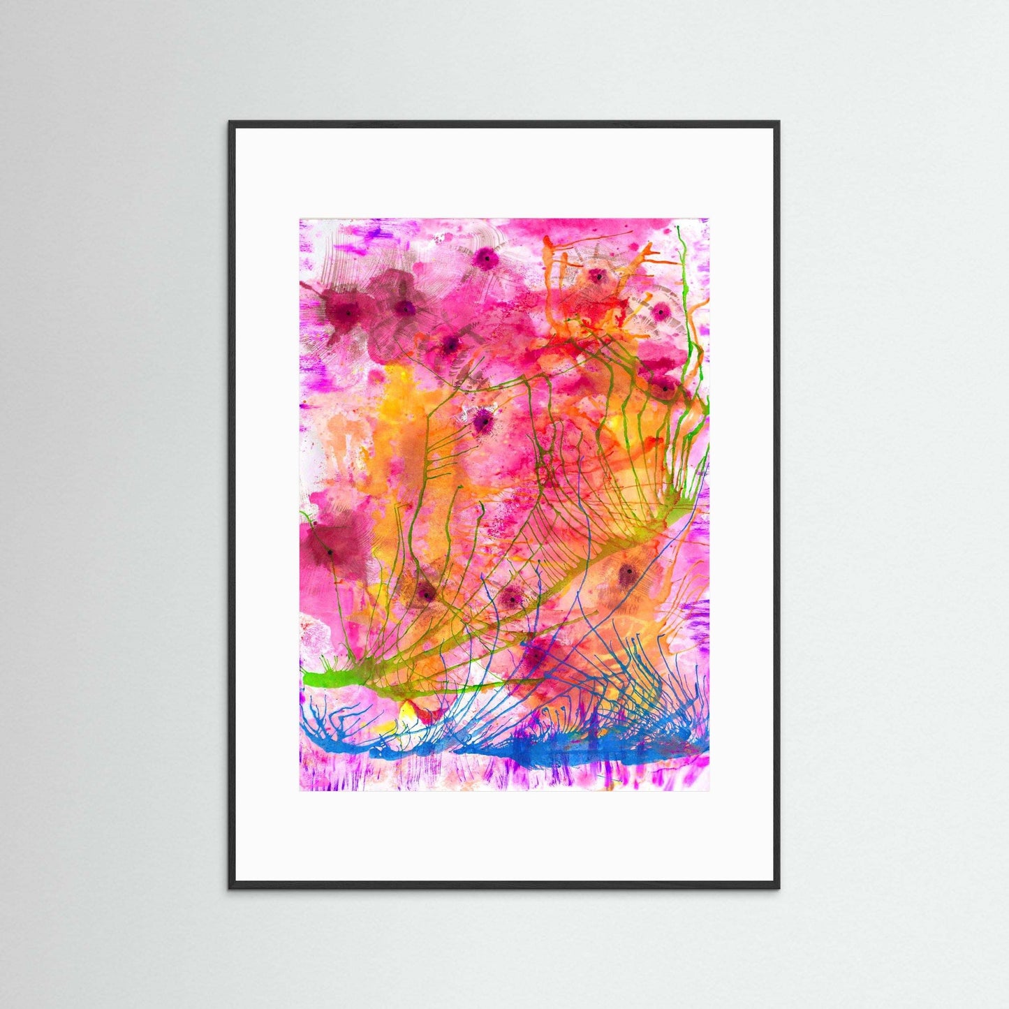 Flower Garden of Light framed watercolor artwork with vibrant pink, orange, and green floral abstract design on textured matte paper