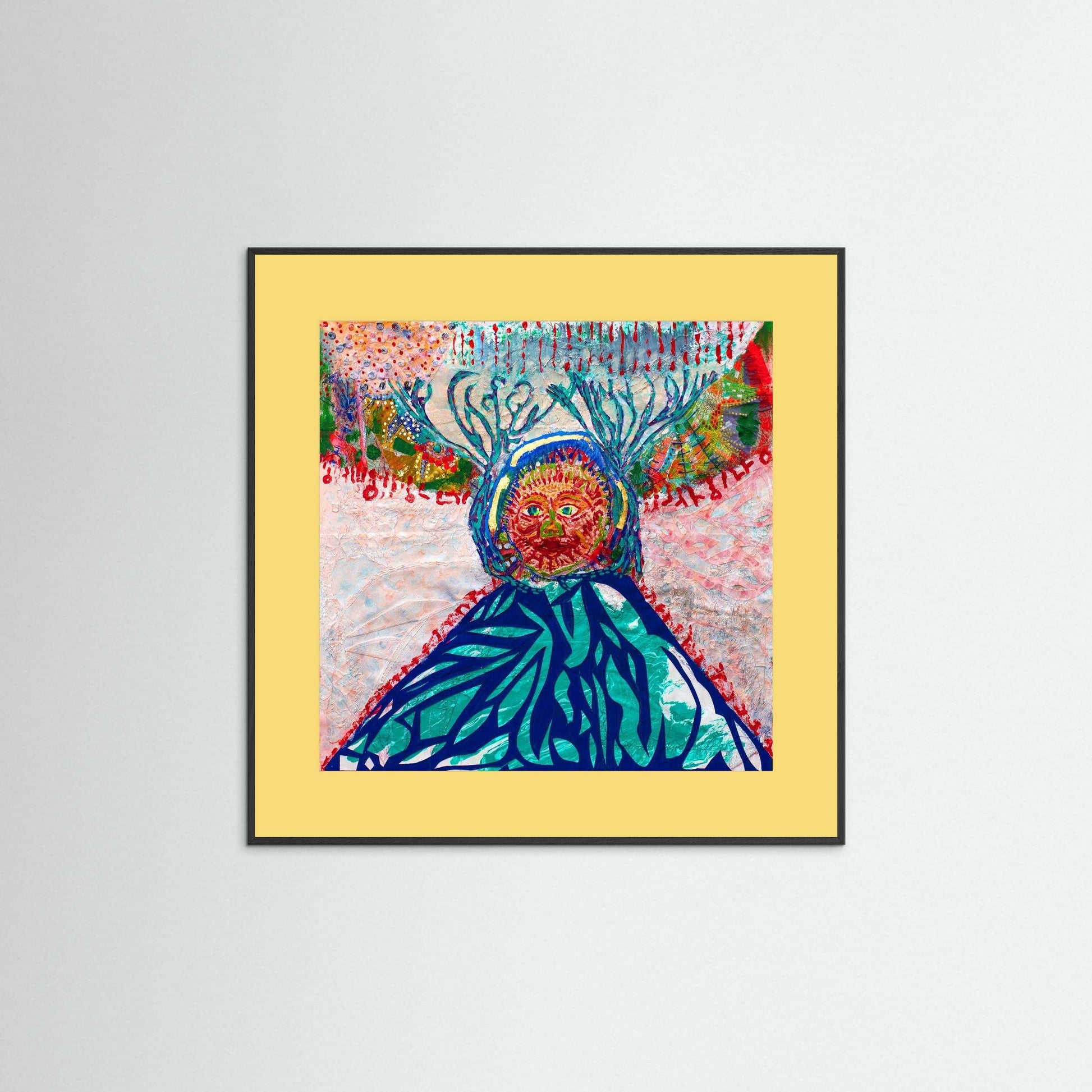 Cave Child: The Winter Hunt mixed media artwork with embroidery and Japanese paper in colorful framed square composition