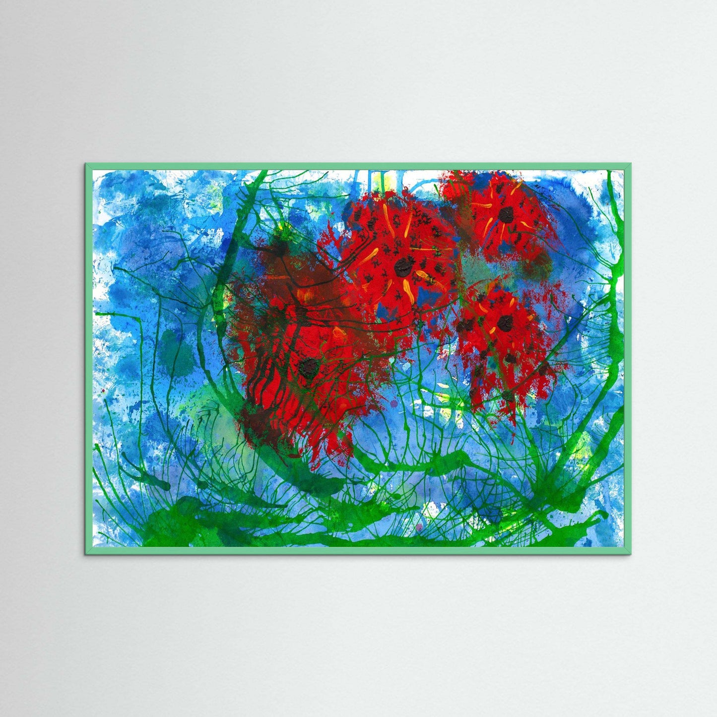 Dancing Poppies artwork with vibrant red poppies on a blue and green textured background, framed in handmade wooden Italian frame