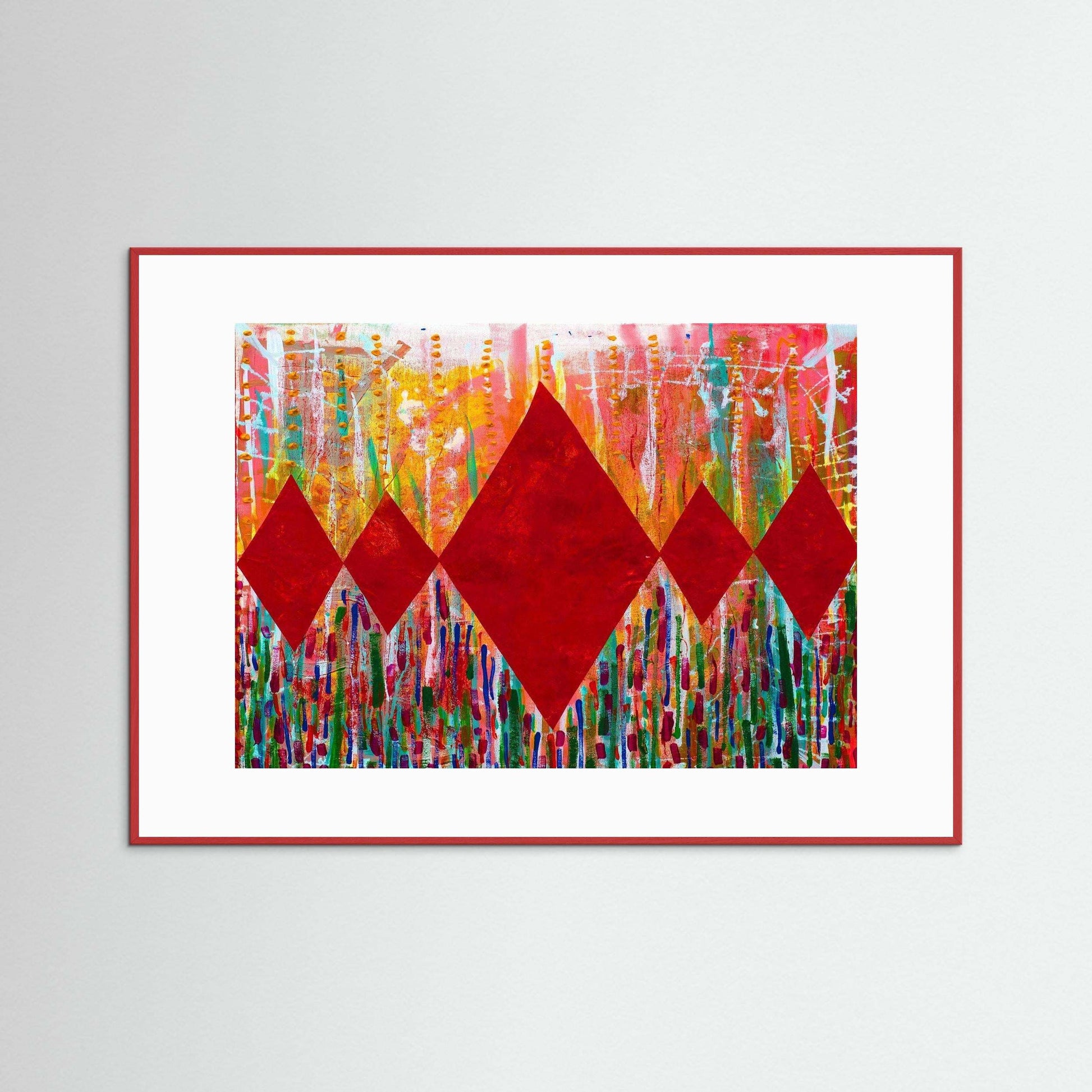 Diamond Radiance Red artwork with bold red diamonds and vibrant abstract floral background framed in red wood