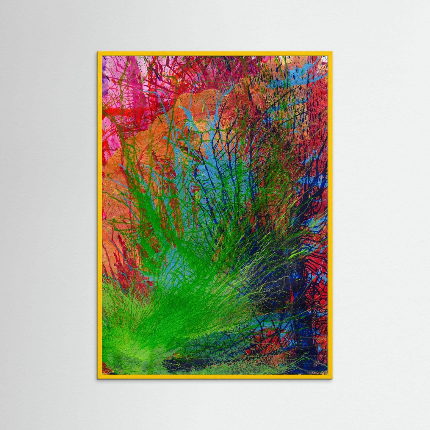 Earth Singing Joy colorful abstract print in natural wood Italian frame with textured matte surface and vibrant depth
