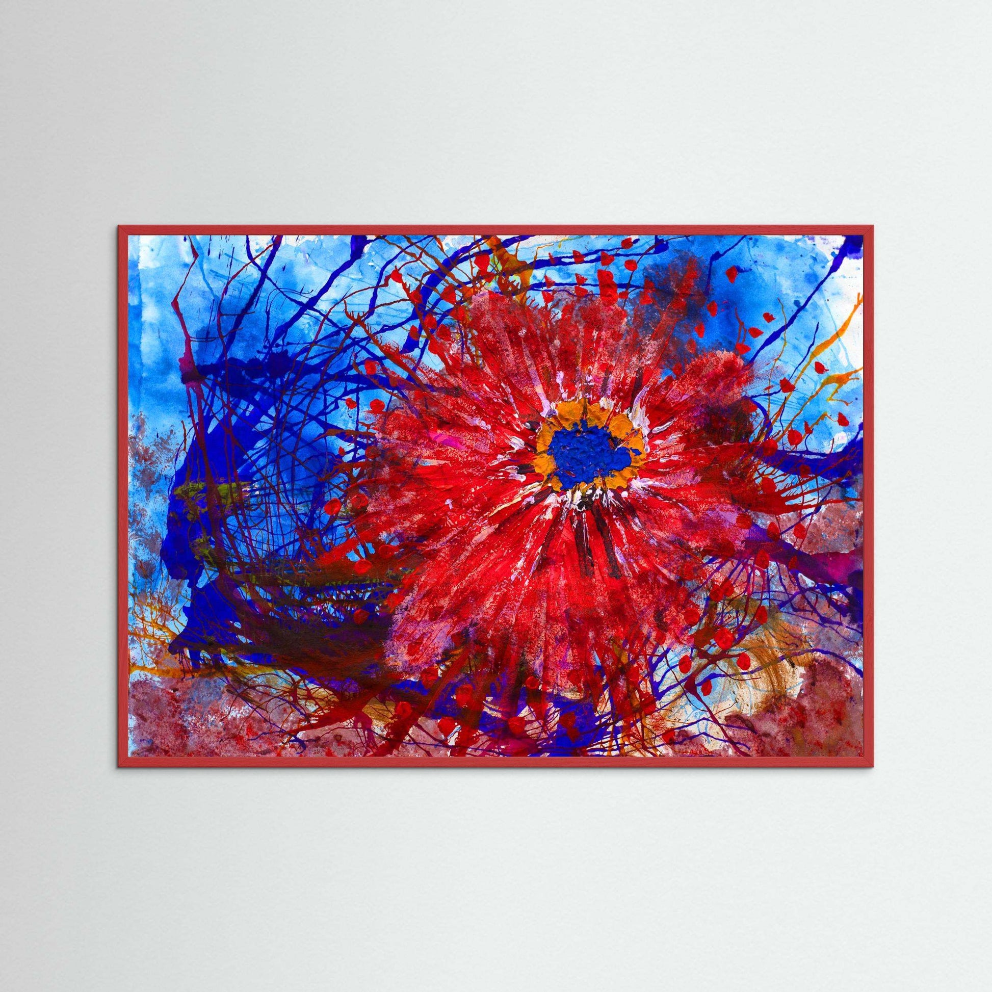 Fire Flower abstract painting with vibrant red and blue colors on textured matte paper in Italian wooden frame