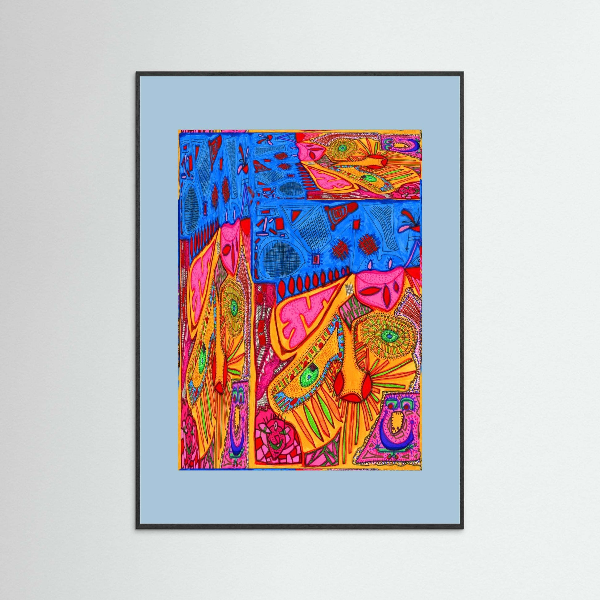 Threads of My Imagination colorful abstract framed art with vibrant blue, pink, and orange tones on textured matte museum paper