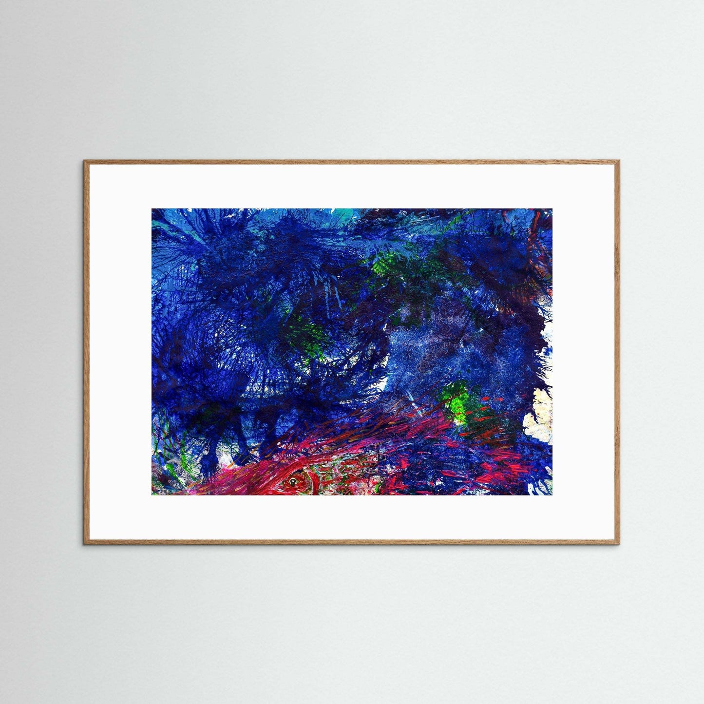 Abstract ocean artwork with vibrant crimson energy and deep blue hues framed in natural wood