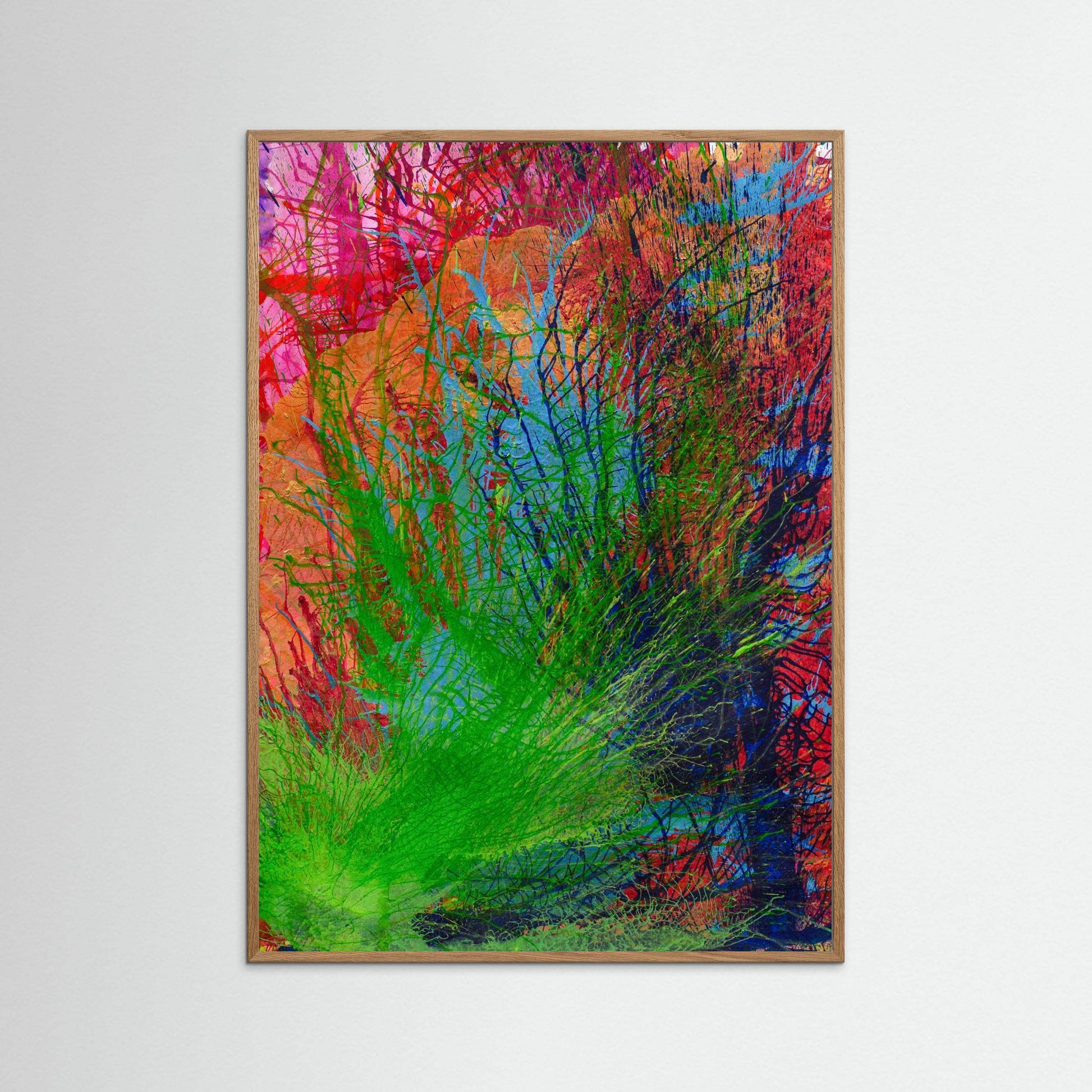 Earth Singing Joy colorful abstract artwork with vibrant green, red, and blue hues in a handmade Italian wood frame