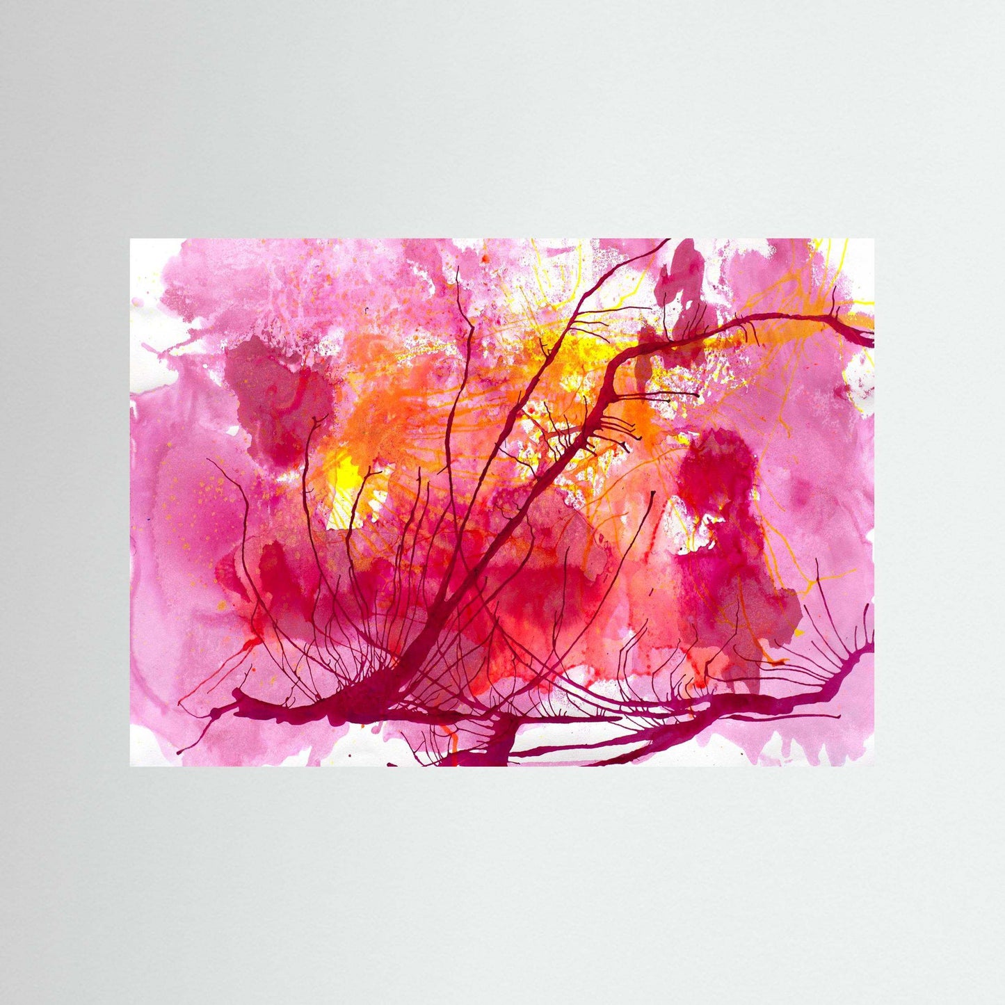 Wildflower Sky abstract floral art in vivid pinks, reds, and golds on textured matte museum-quality paper with natural wood frame