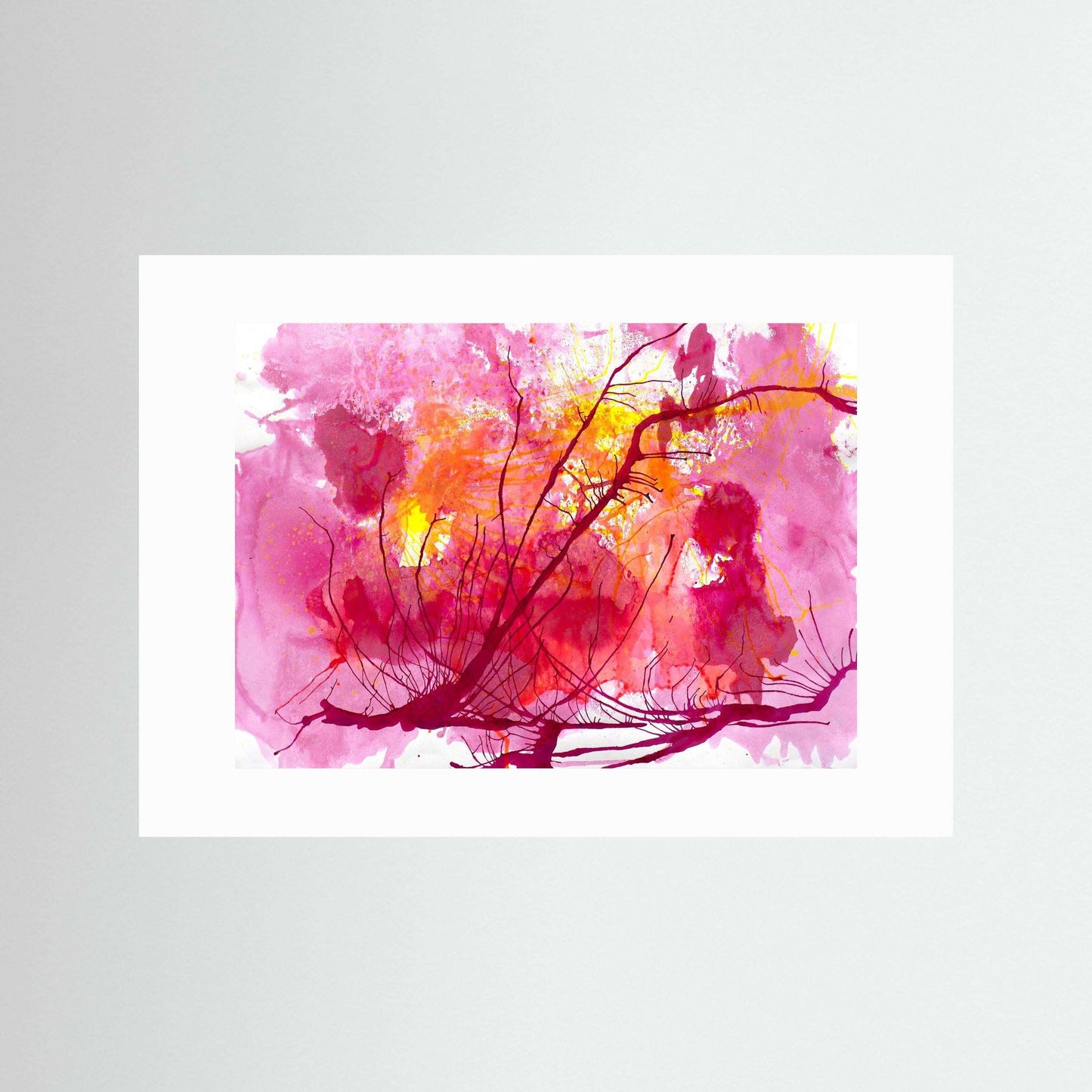Wildflower Sky vibrant pink and gold floral artwork on textured matte paper with Italian wooden frame