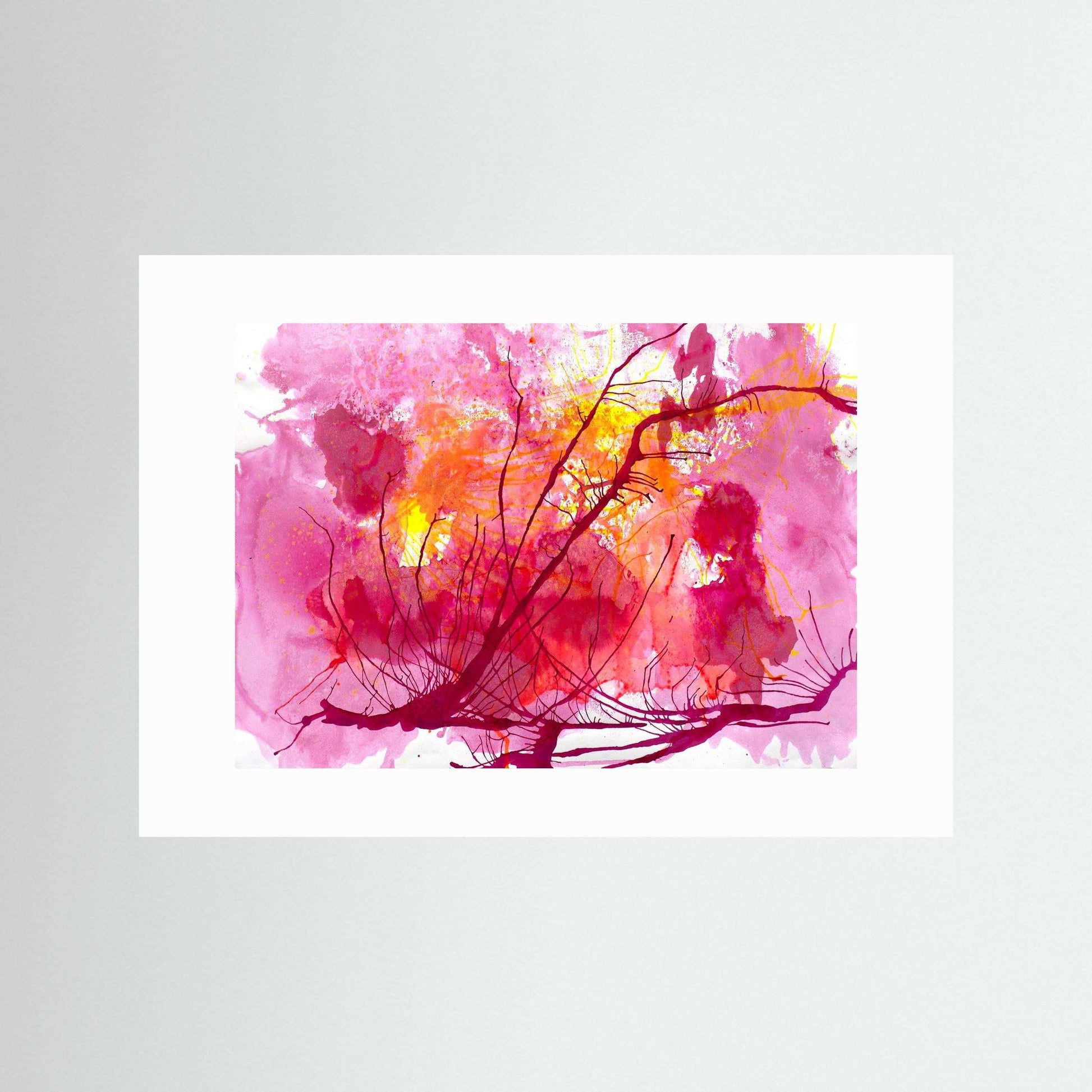 Wildflower Sky vibrant pink and gold floral artwork on textured matte paper with Italian wooden frame