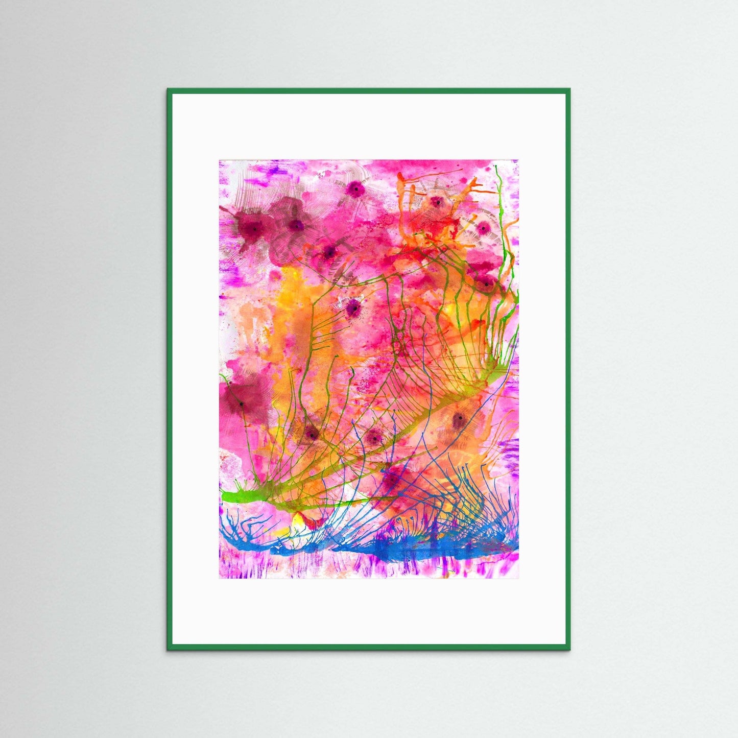 Framed Flower Garden of Light artwork with vibrant pink, orange, and green floral abstract on textured matte paper