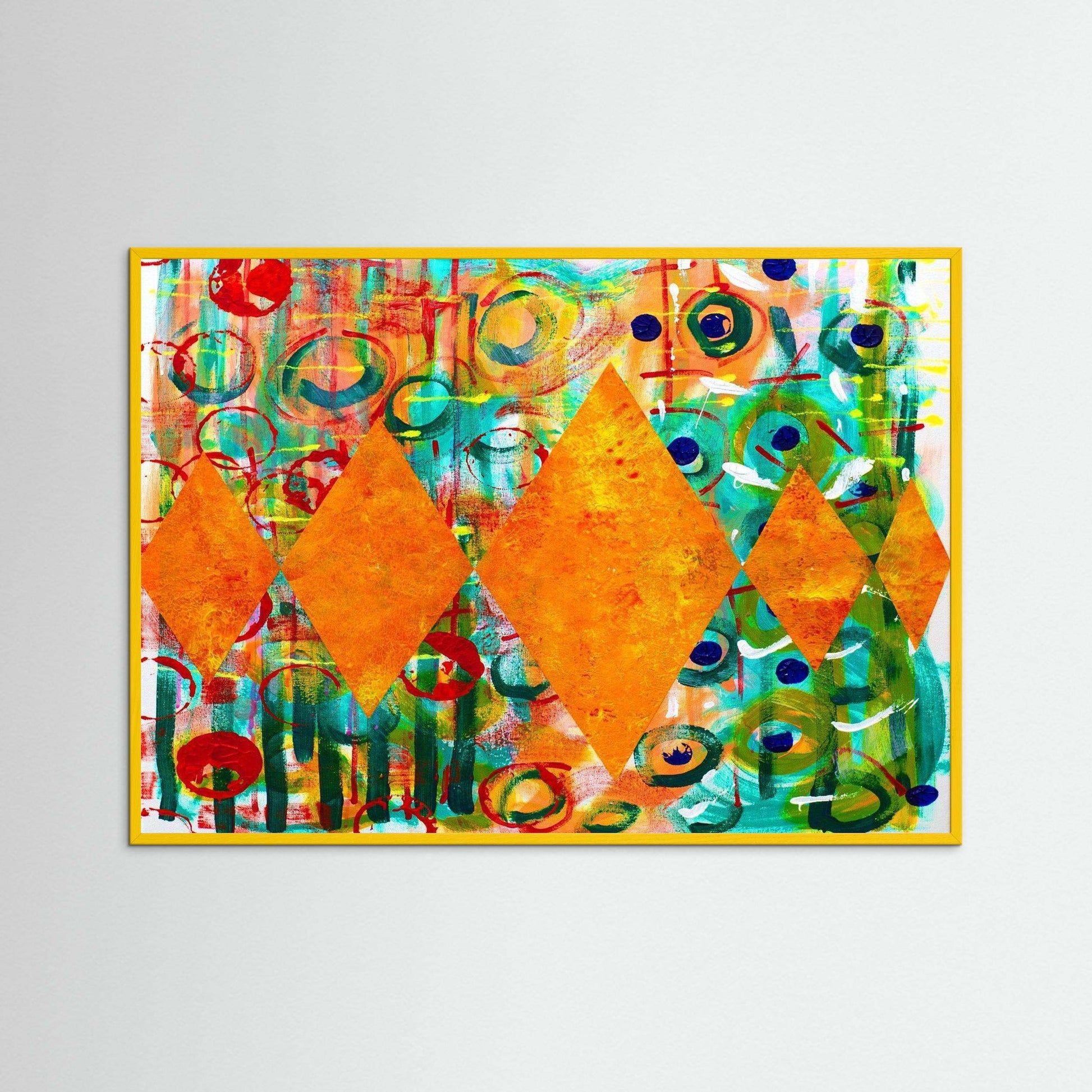 Diamond Radiance abstract artwork with bold orange diamonds and colorful circular patterns on textured matte paper in a yellow wooden frame