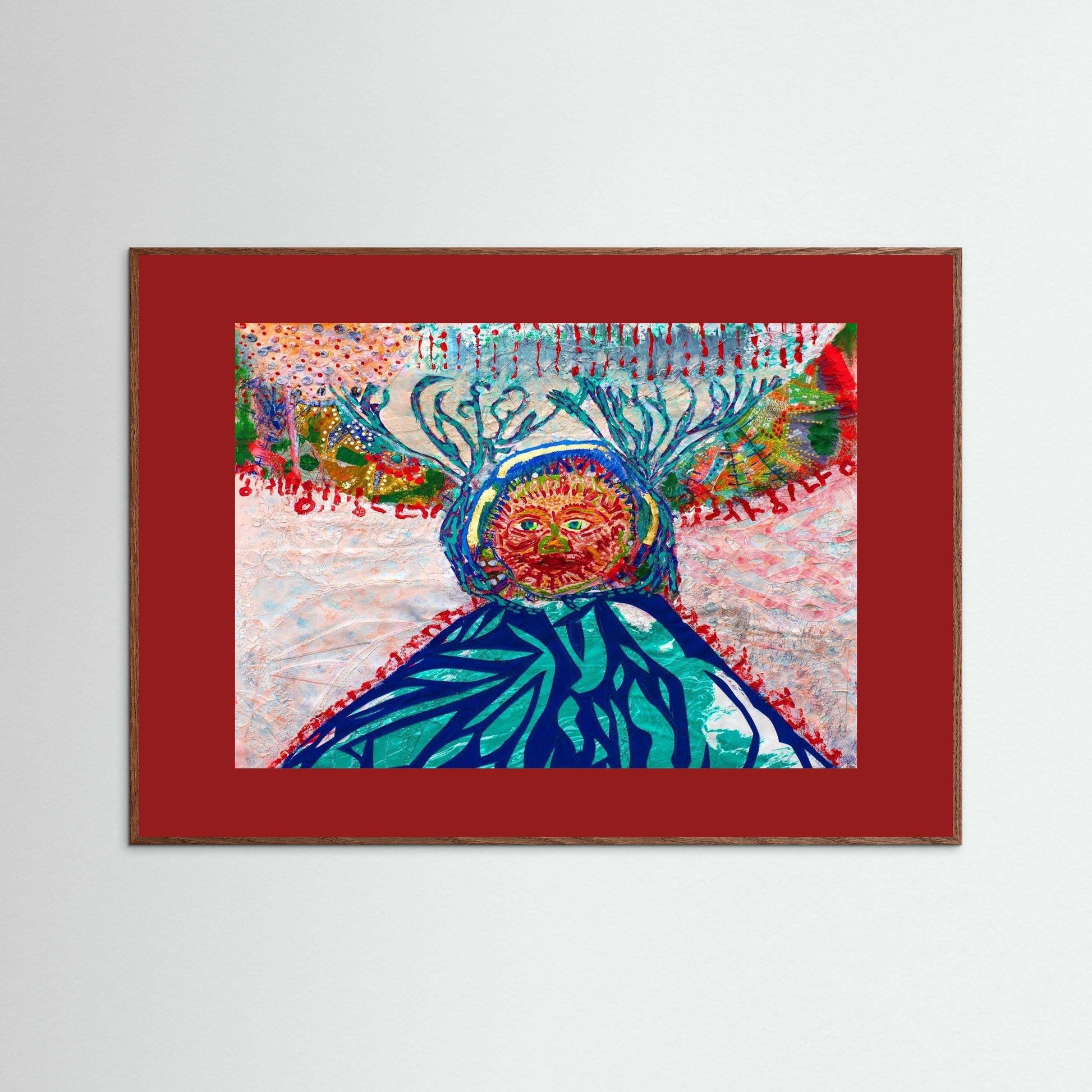 Cave Child mixed media artwork with embroidery and Japanese paper in Italian wooden frame depicting winter hunt with vibrant colors and textured matte finish