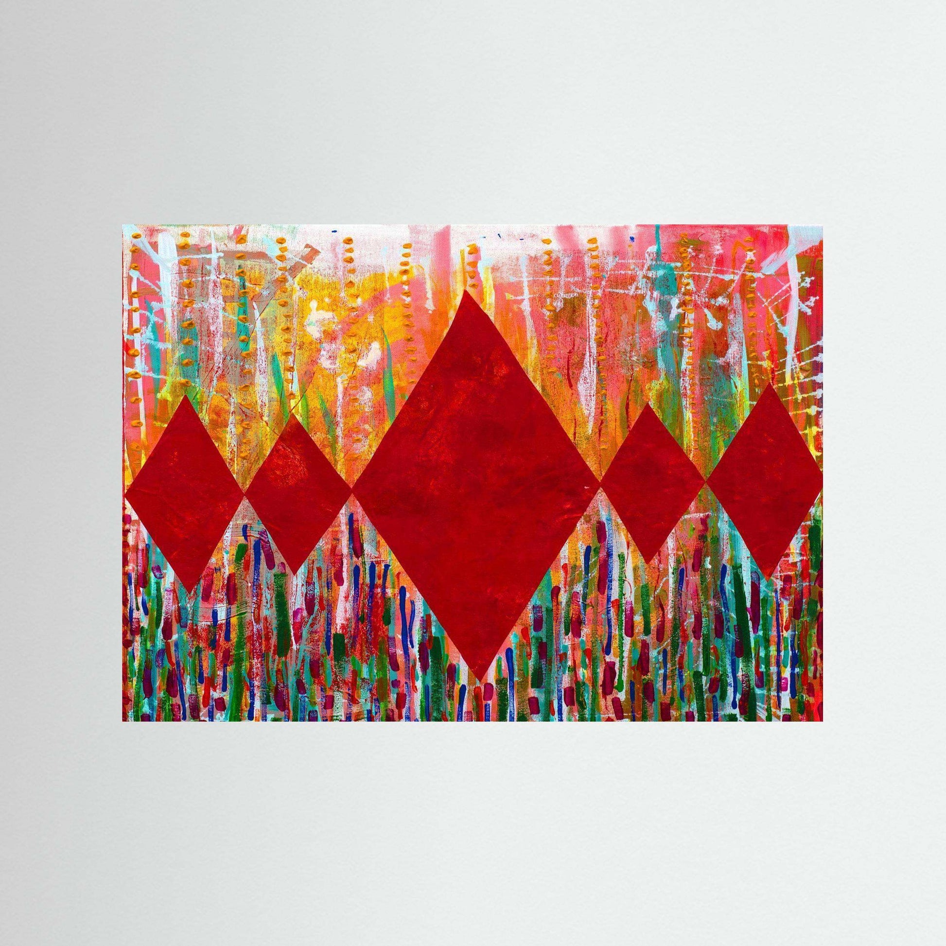 Diamond Radiance Red artwork with bold red diamonds and vibrant floral background on textured matte paper