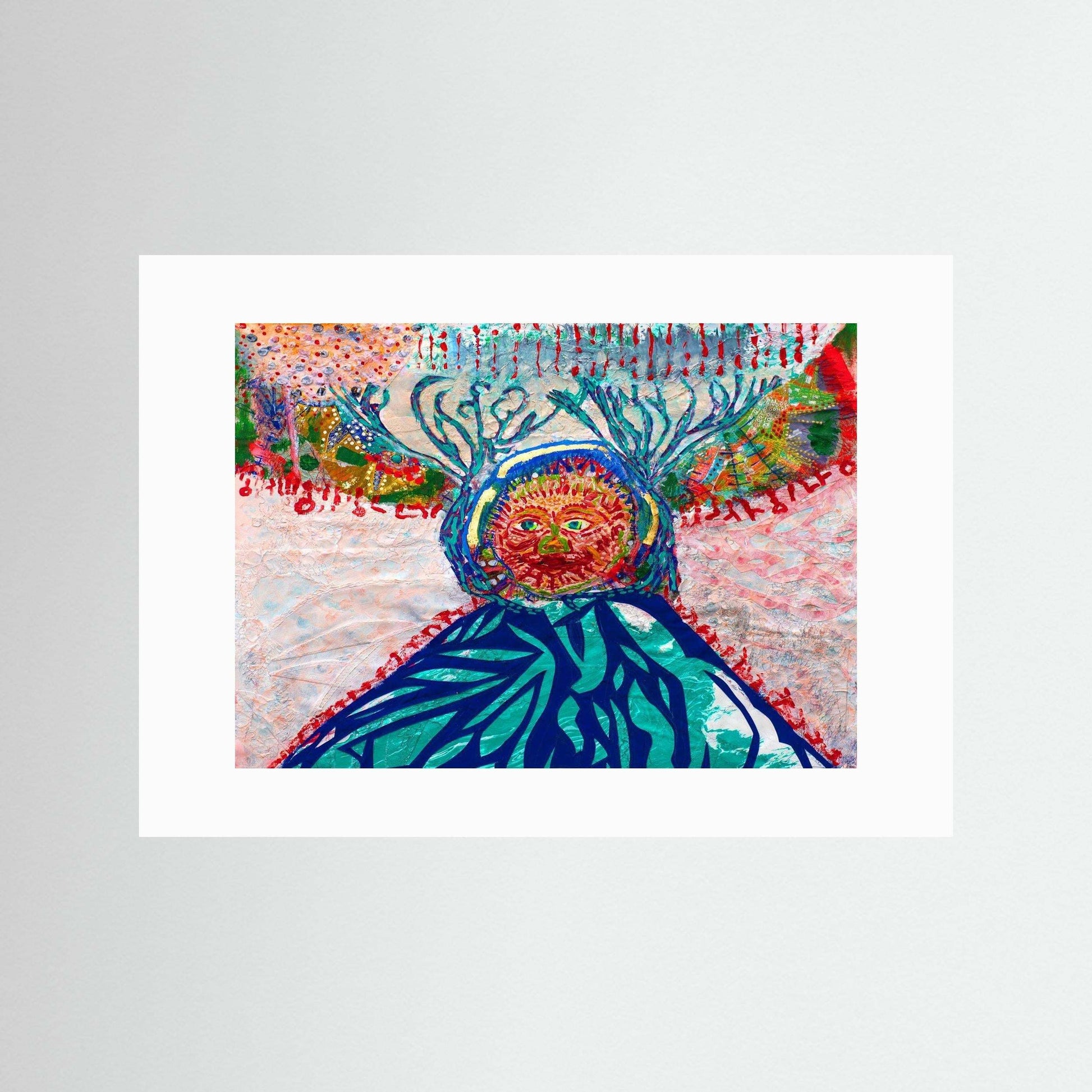 Cave Child The Winter Hunt mixed media artwork with embroidery and handmade paper on museum quality paper in wooden frame