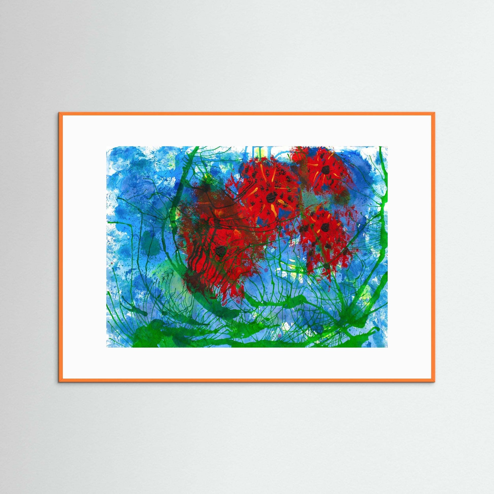 Dancing Poppies artwork with vibrant red poppies against a breezy blue sky, framed in handmade Italian wood.