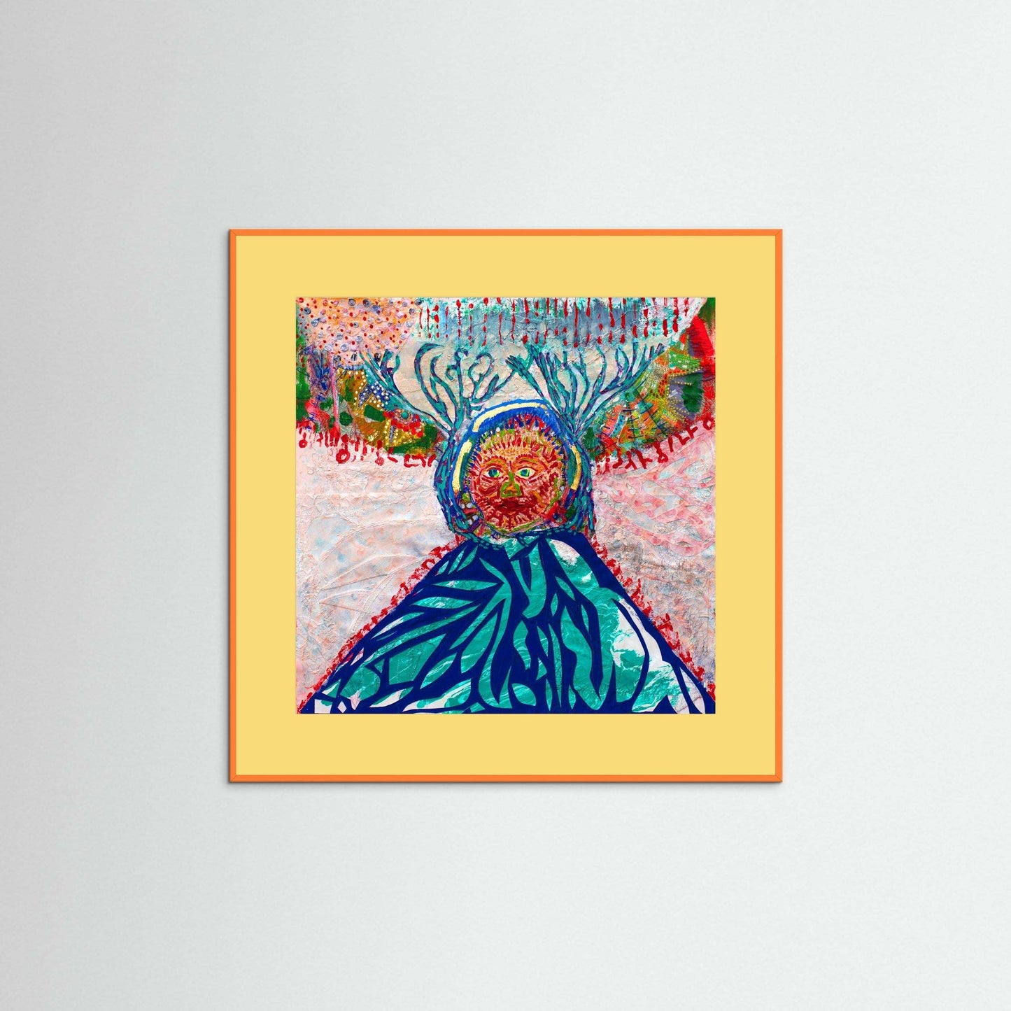 Cave Child: The Winter Hunt mixed media artwork with embroidery and acrylics on museum-quality paper in wooden frame