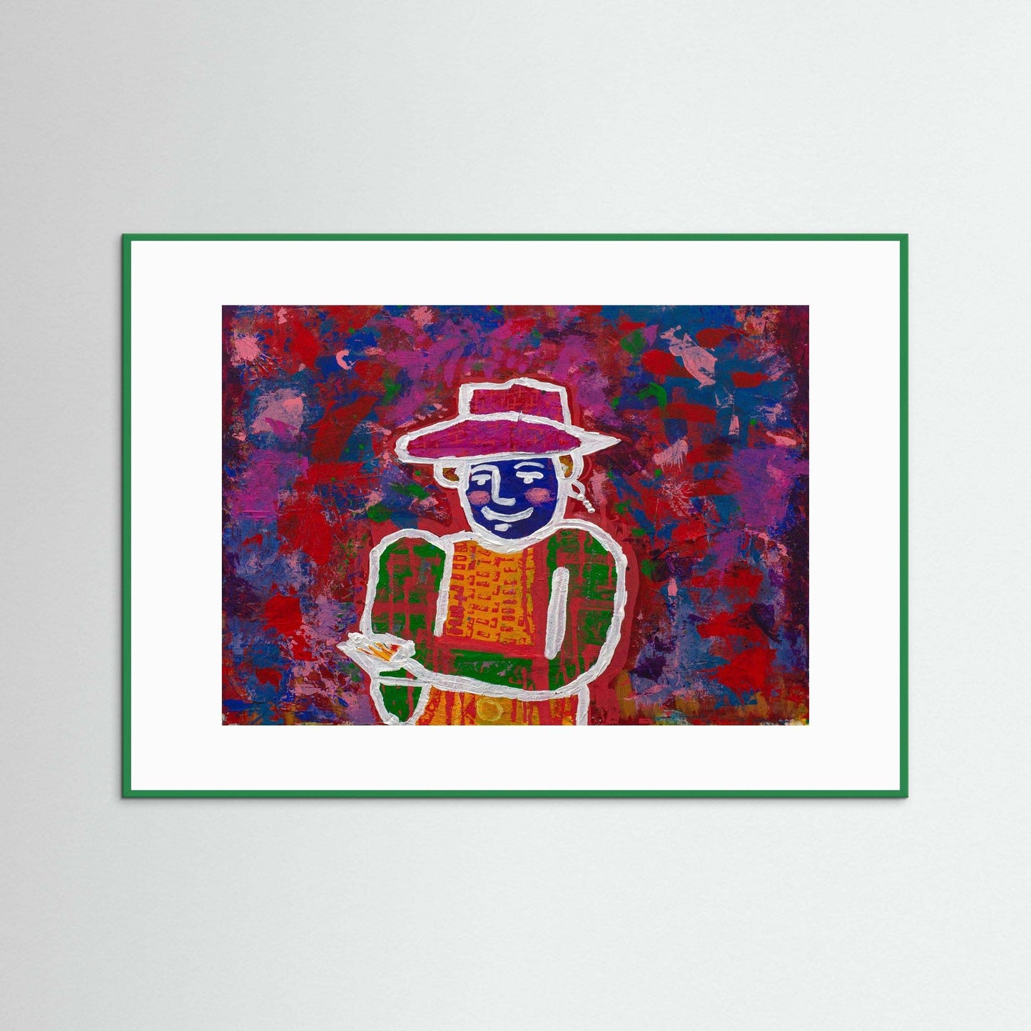 The Flower Giver colorful artwork of a figure offering a flower framed in green hand made wood