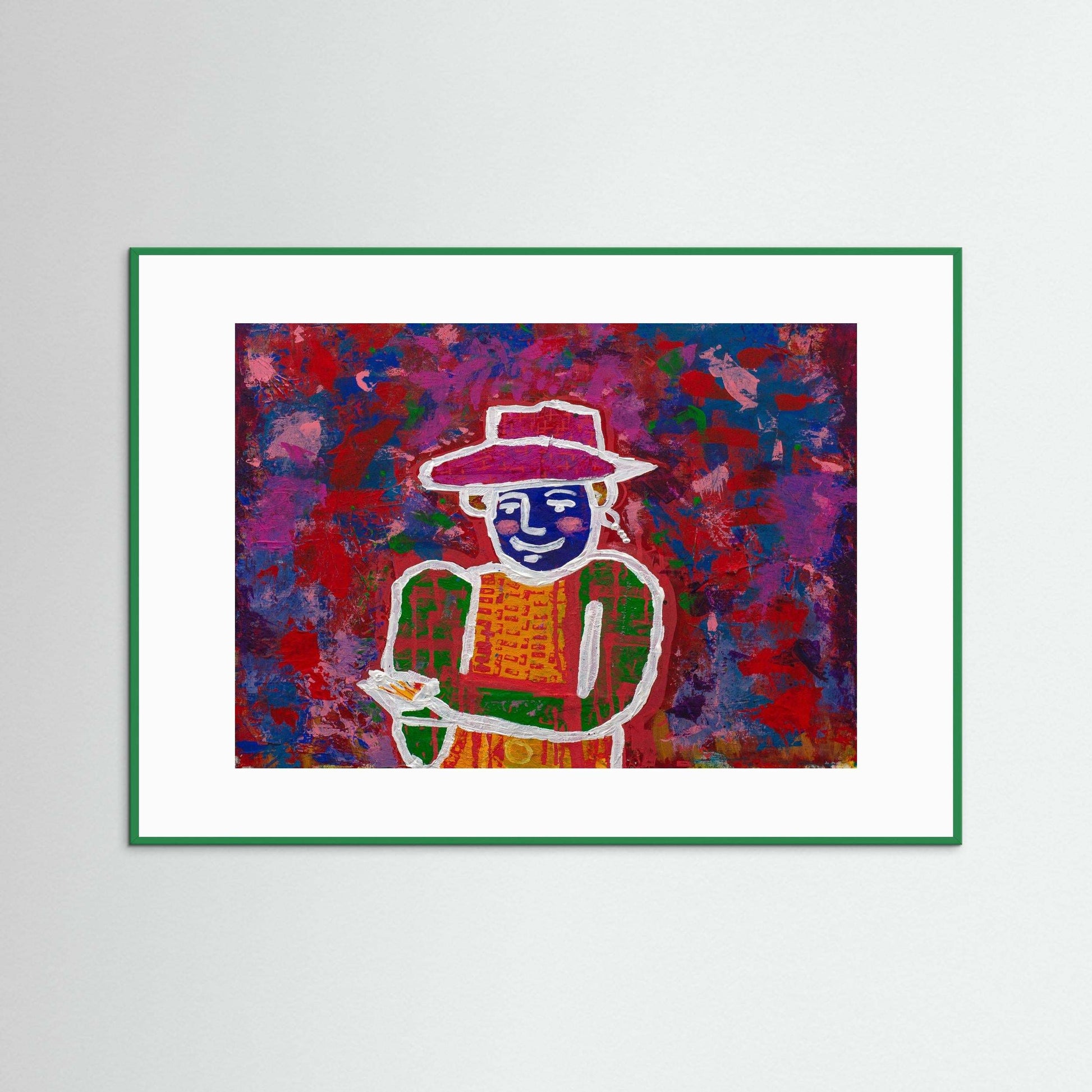 The Flower Giver colorful artwork of a figure offering a flower framed in green hand made wood