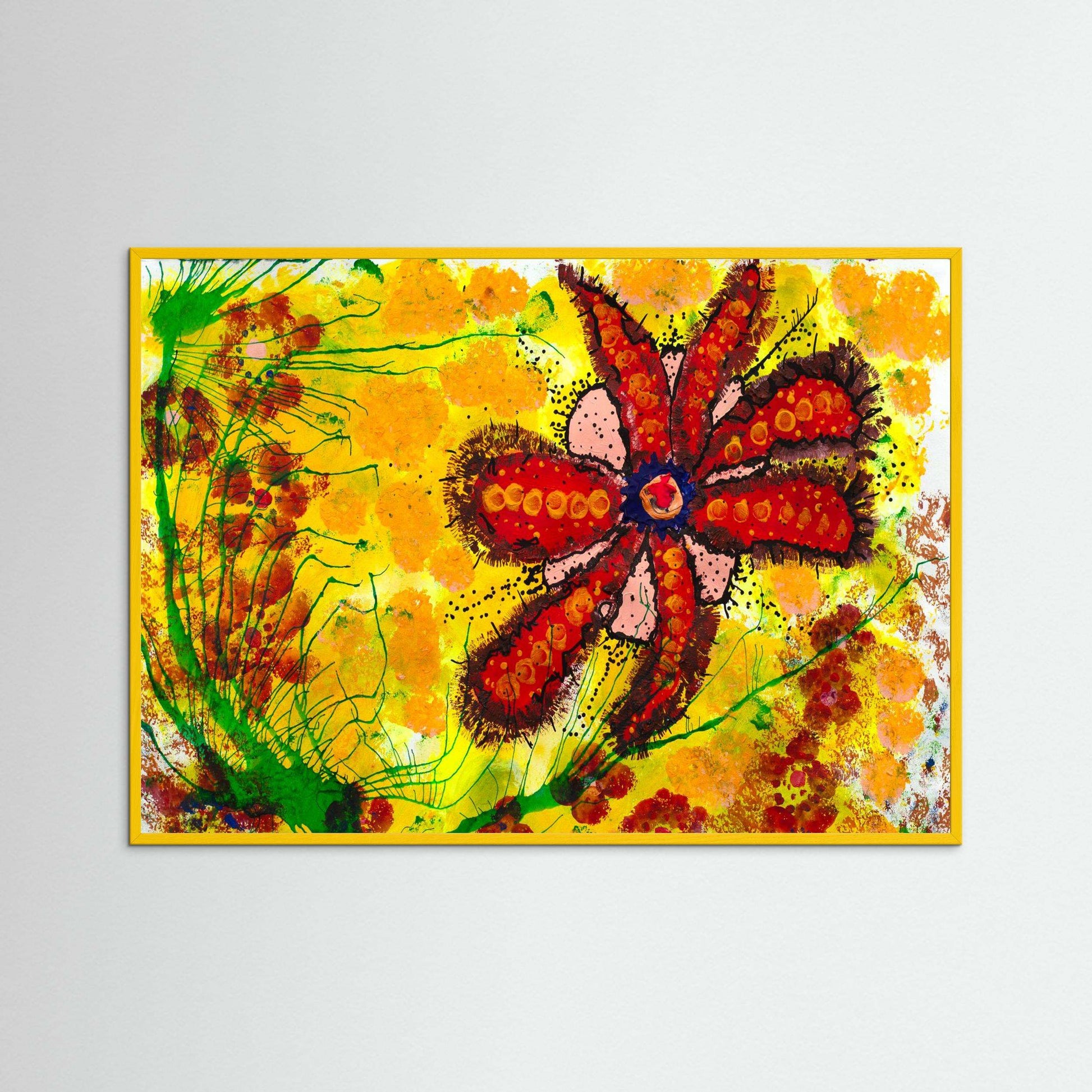 Vibrant Dream Flower artwork with red petals and yellow background in handmade Italian wooden frame