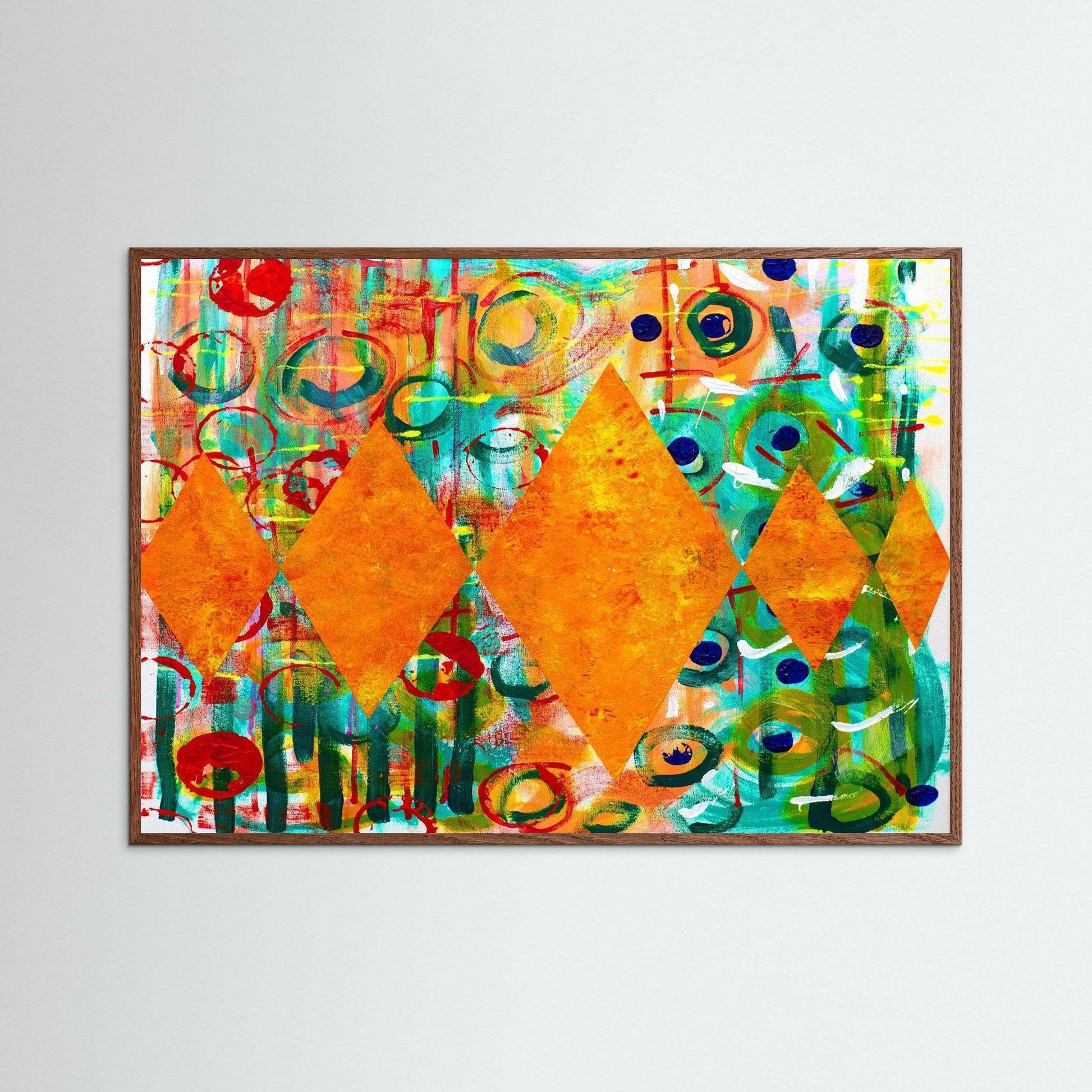 Diamond Radiance artwork with bold orange diamonds and colorful abstract background framed in Italian wood